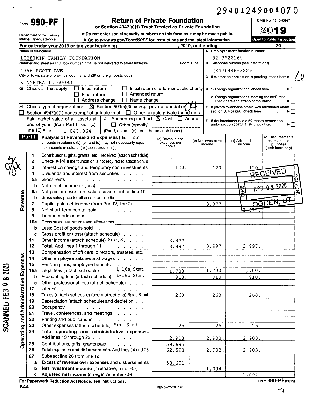 Image of first page of 2019 Form 990PF for Lubetkin Family Foundation