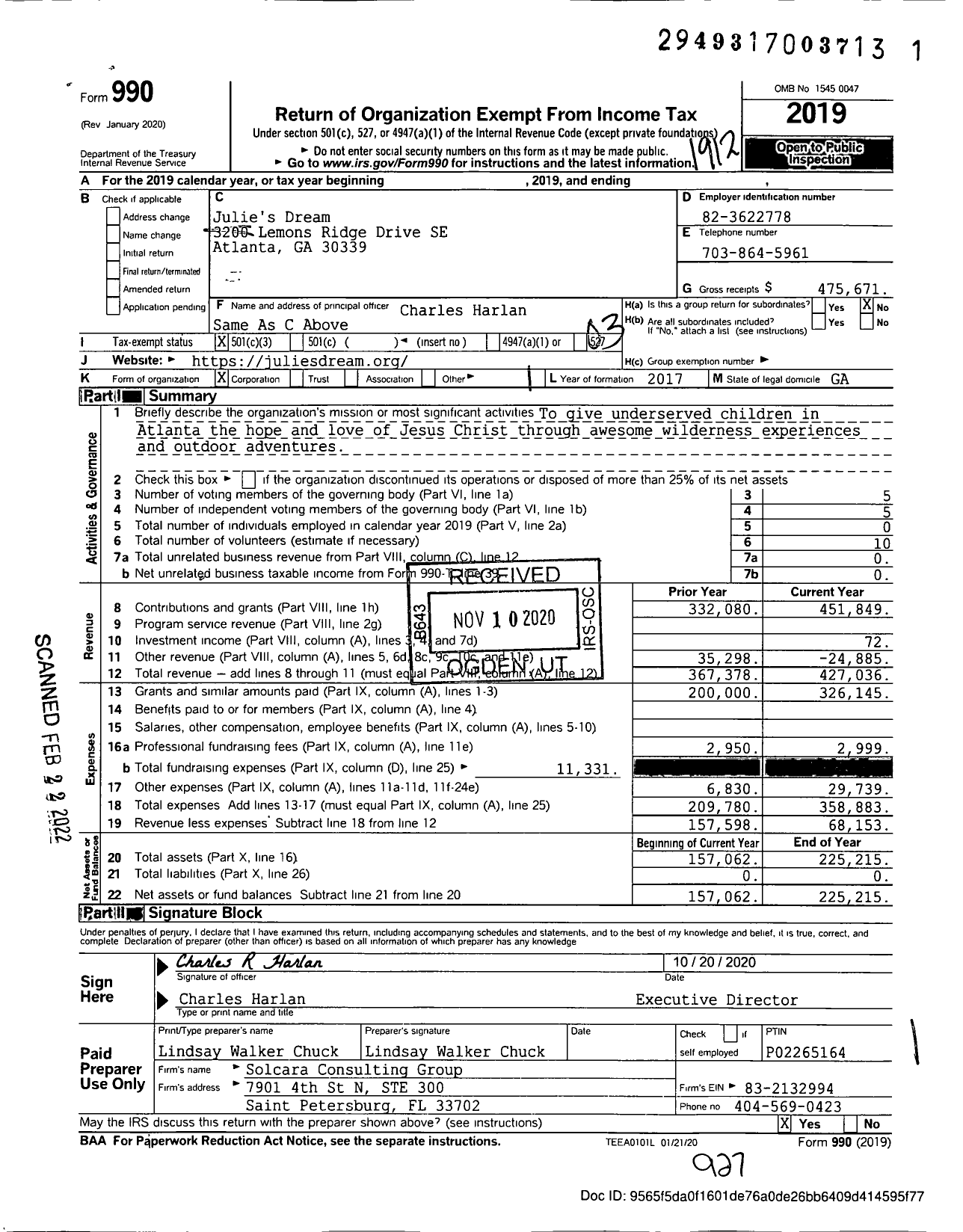 Image of first page of 2019 Form 990 for Julies Dream