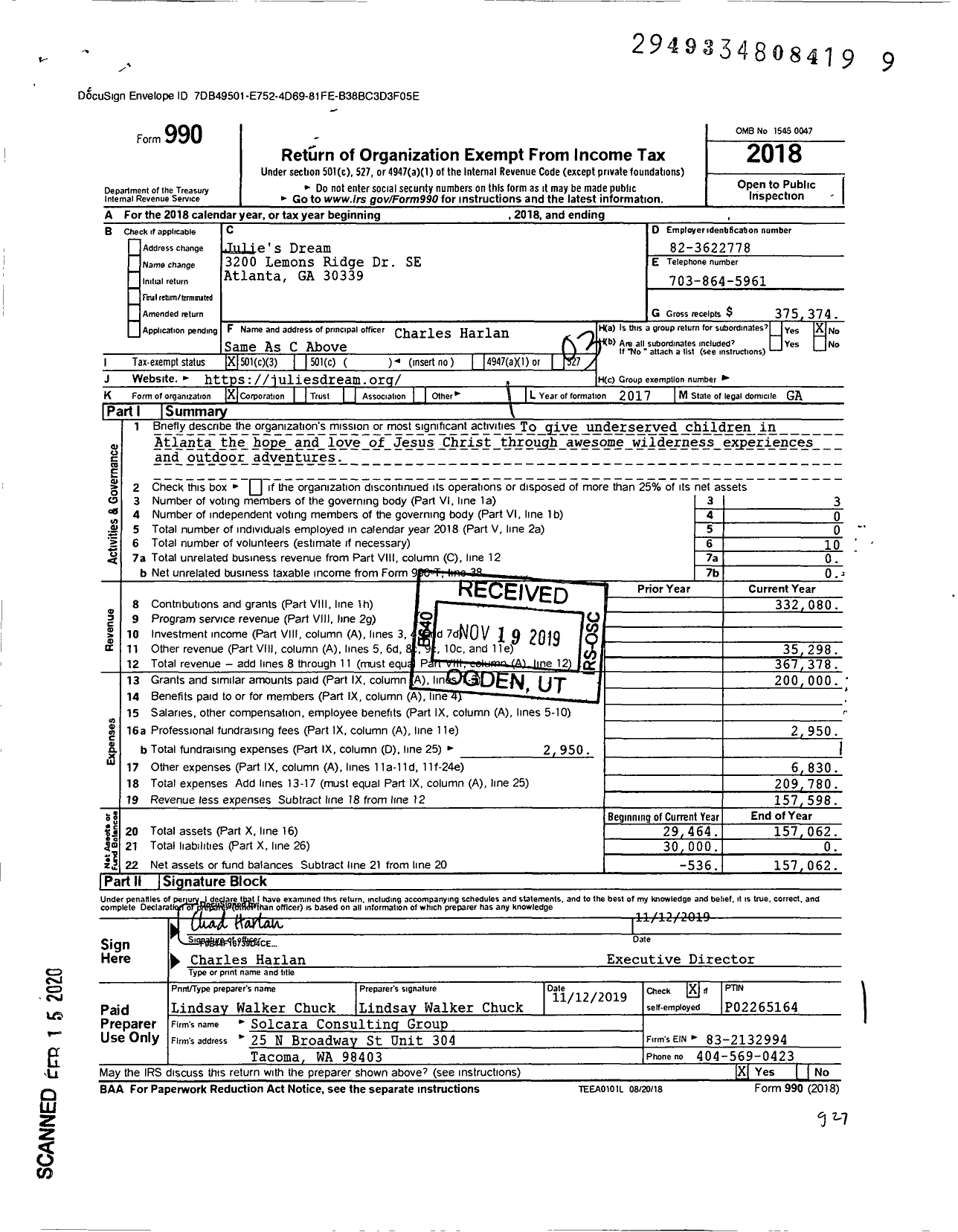 Image of first page of 2018 Form 990 for Julies Dream