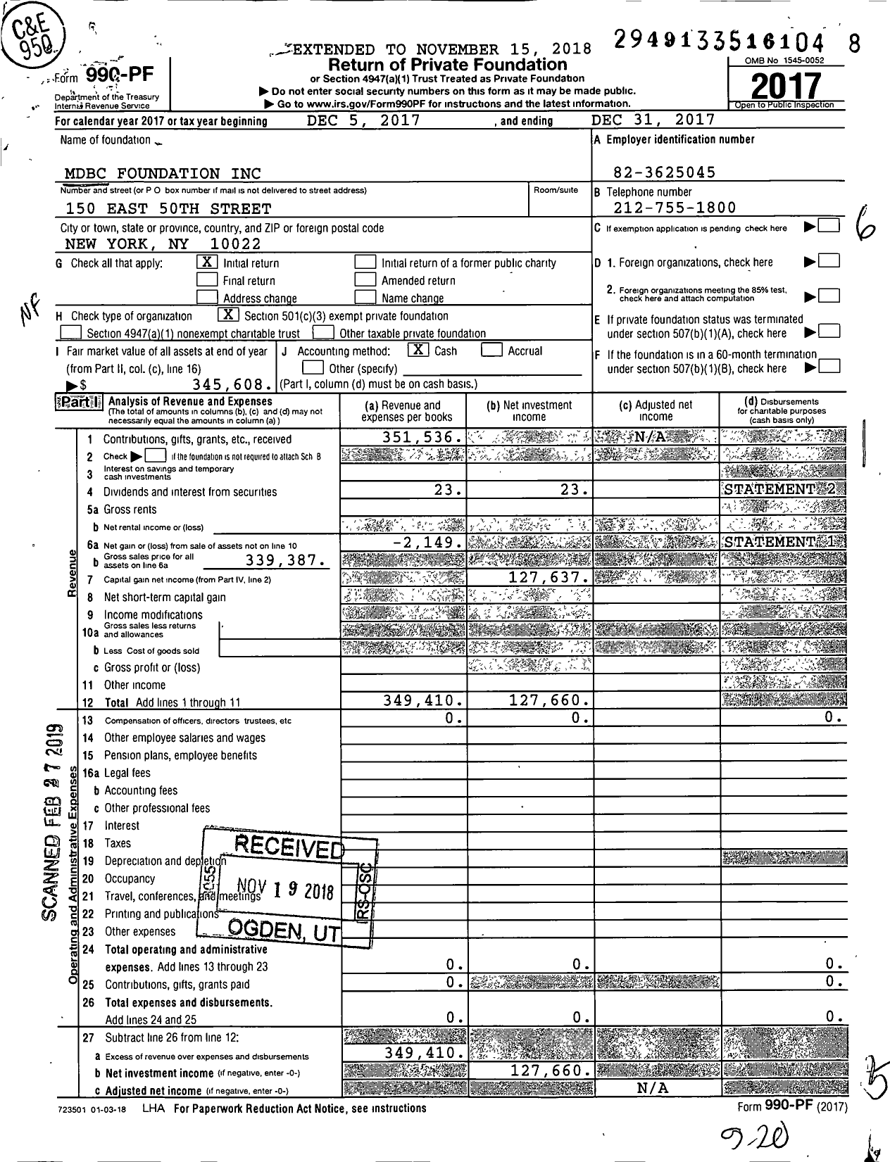 Image of first page of 2017 Form 990PF for MDBC Foundation