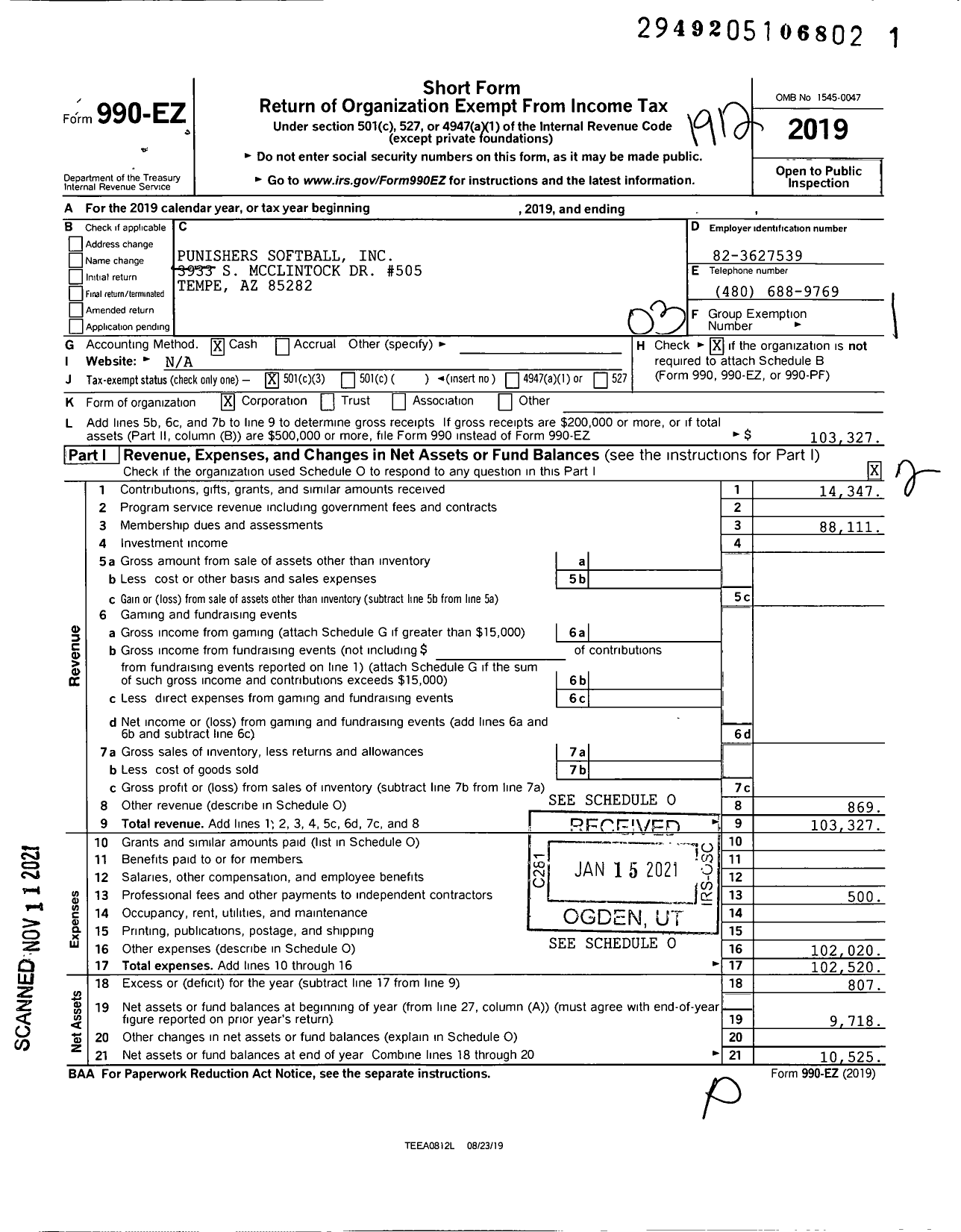 Image of first page of 2019 Form 990EZ for Punishers Softball