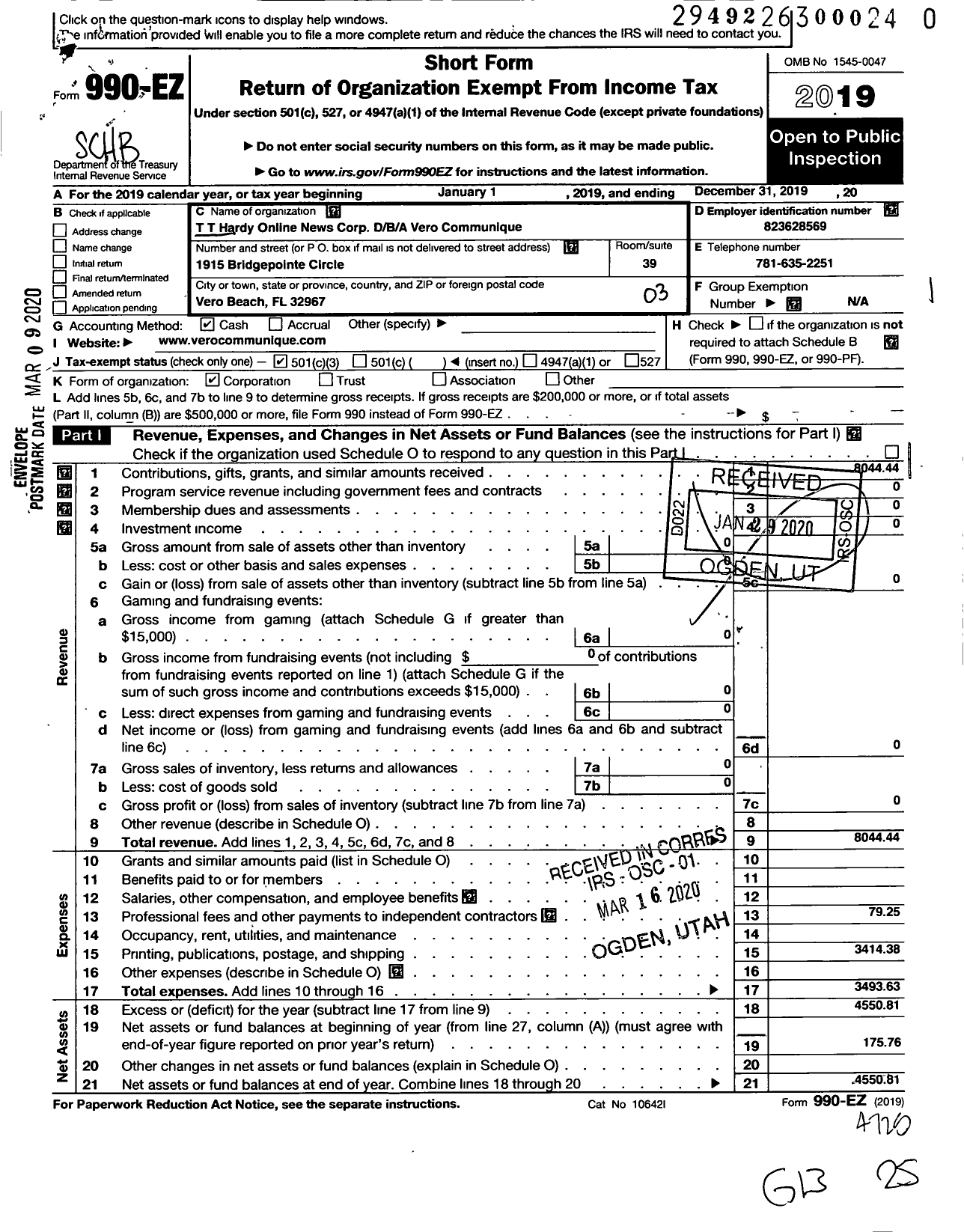 Image of first page of 2019 Form 990EZ for T T Hardy Online News Corporation