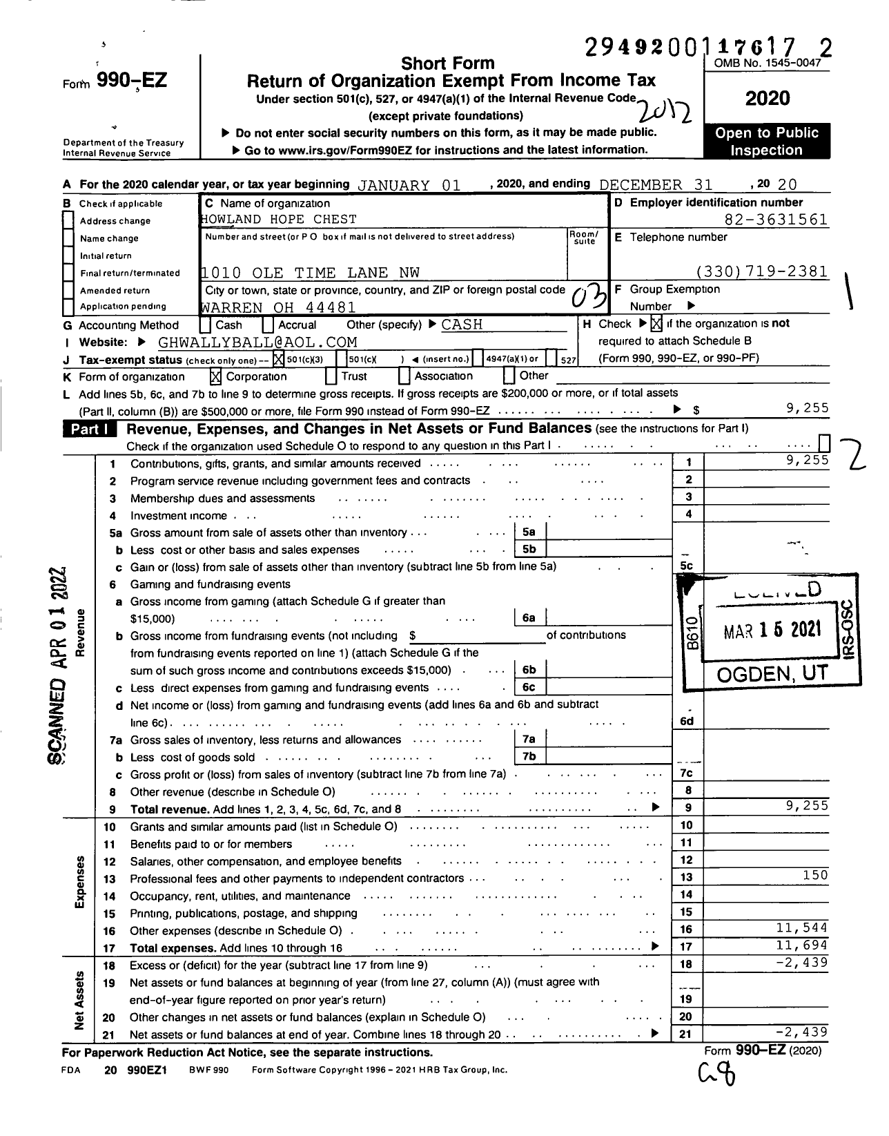 Image of first page of 2020 Form 990EZ for Howland Hope Chest