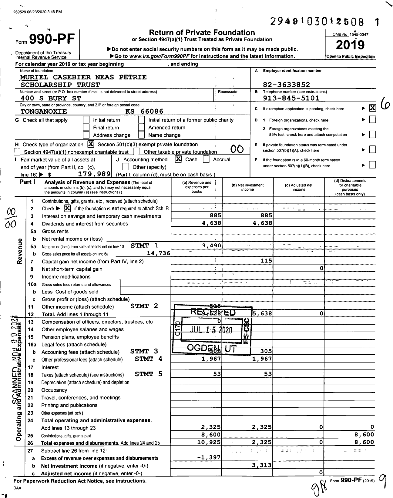 Image of first page of 2019 Form 990PF for Muriel Casebrier Neas Petrie Scholarship Trust