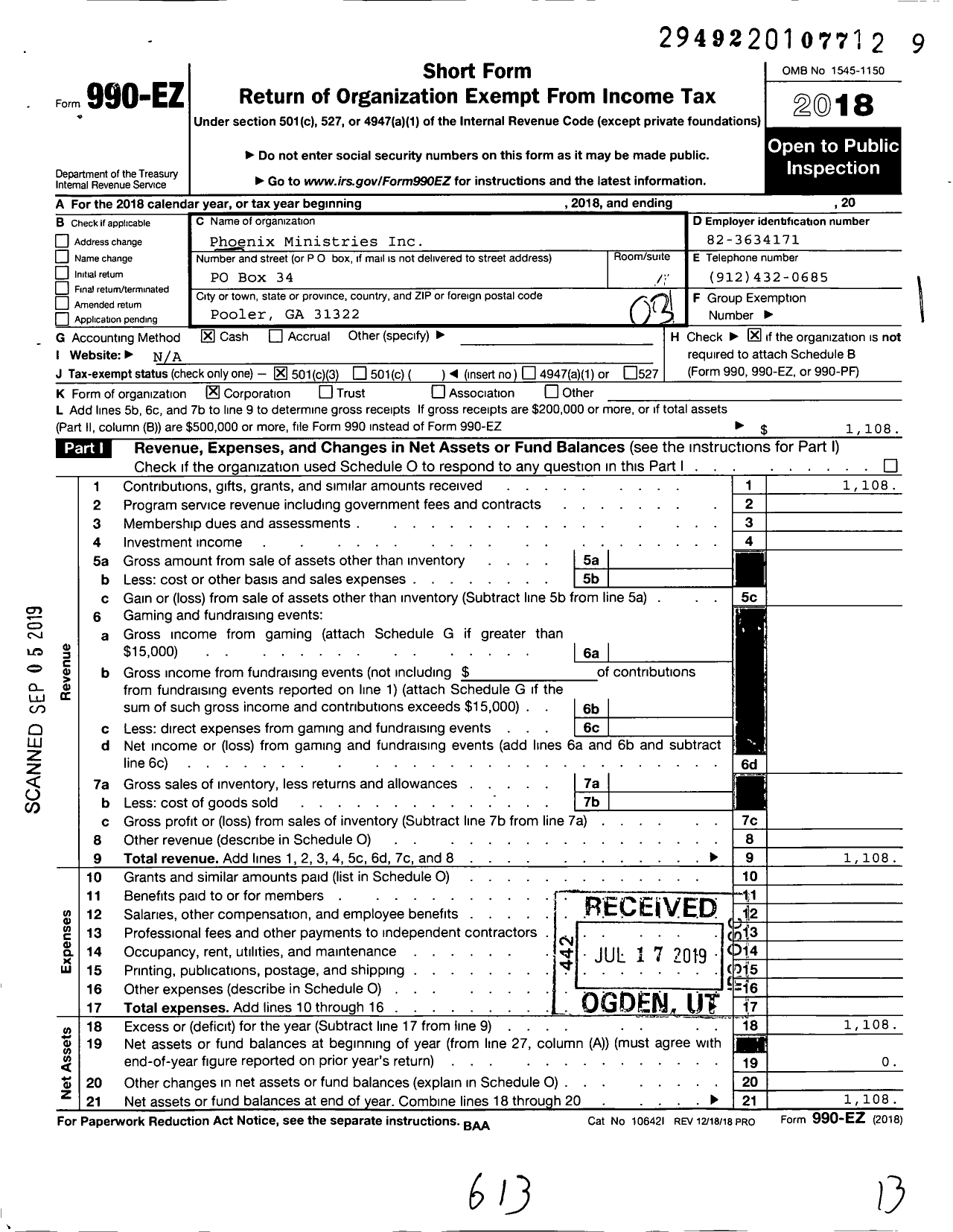 Image of first page of 2018 Form 990EZ for Phoenix Ministries