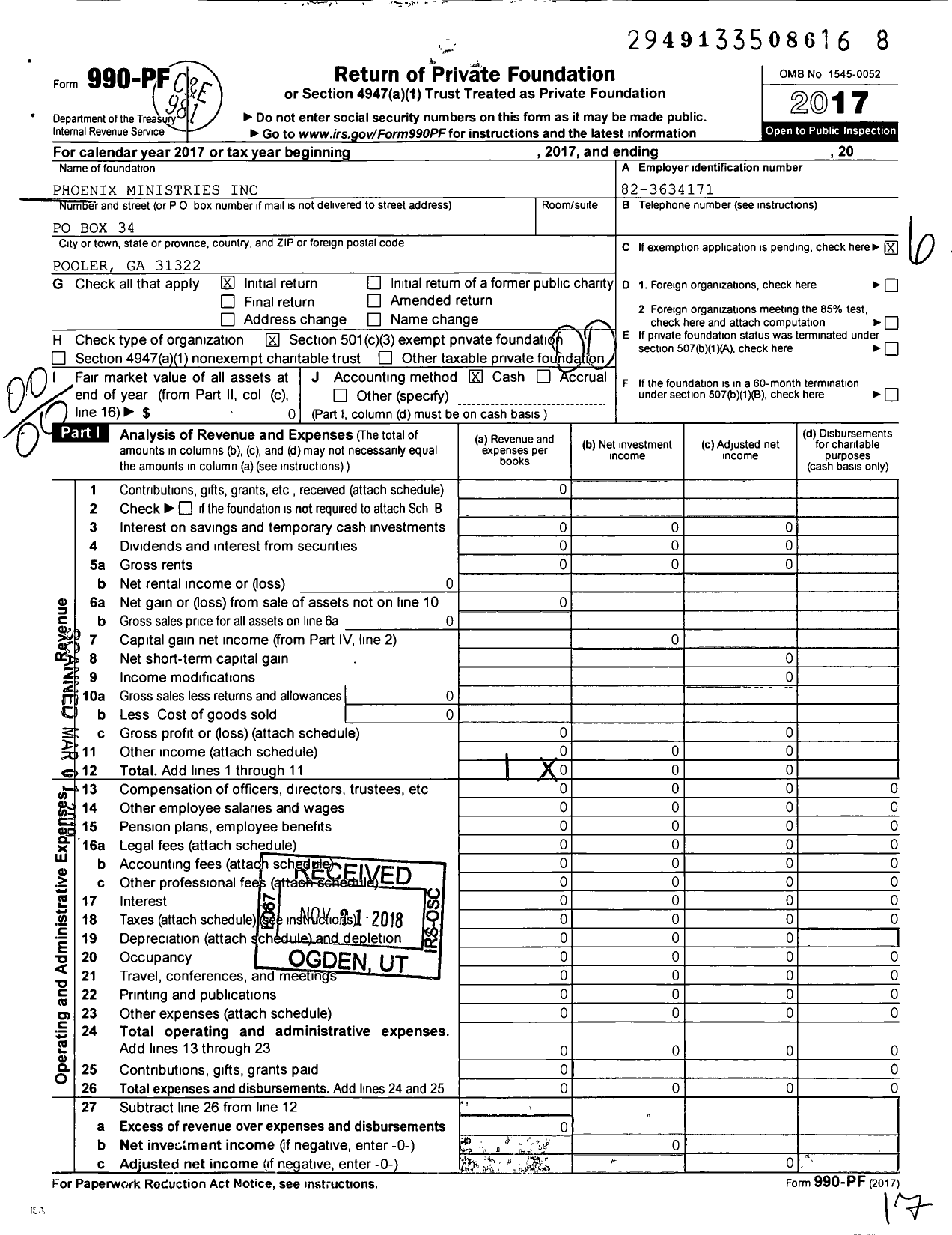 Image of first page of 2017 Form 990PF for Phoenix Ministries