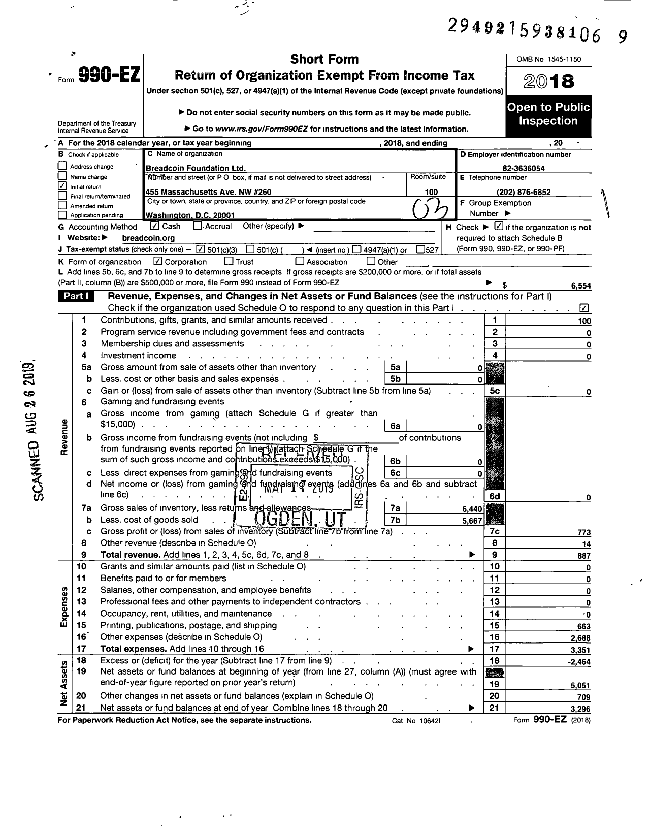 Image of first page of 2018 Form 990EZ for Breadcoin Foundation