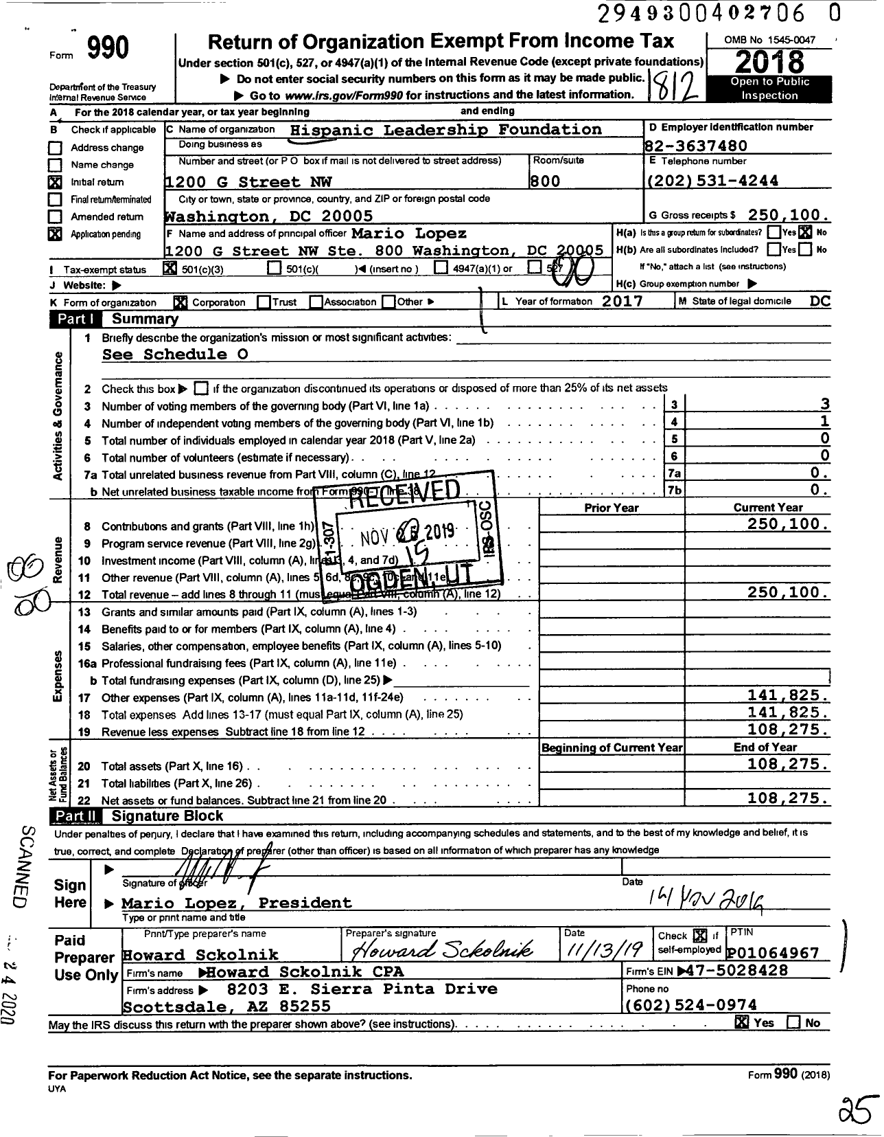 Image of first page of 2018 Form 990O for Hispanic Leadership Foundation