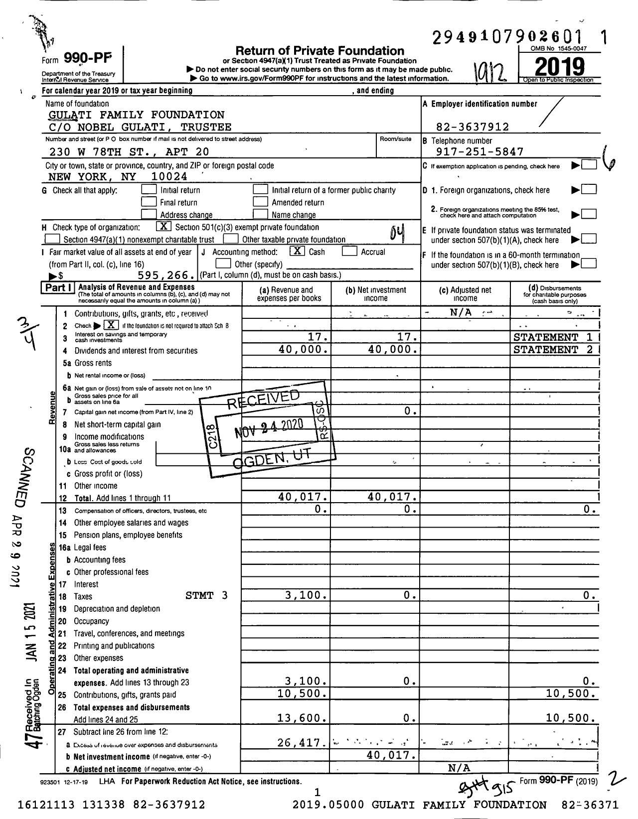 Image of first page of 2019 Form 990PF for Gulati Family Foundation