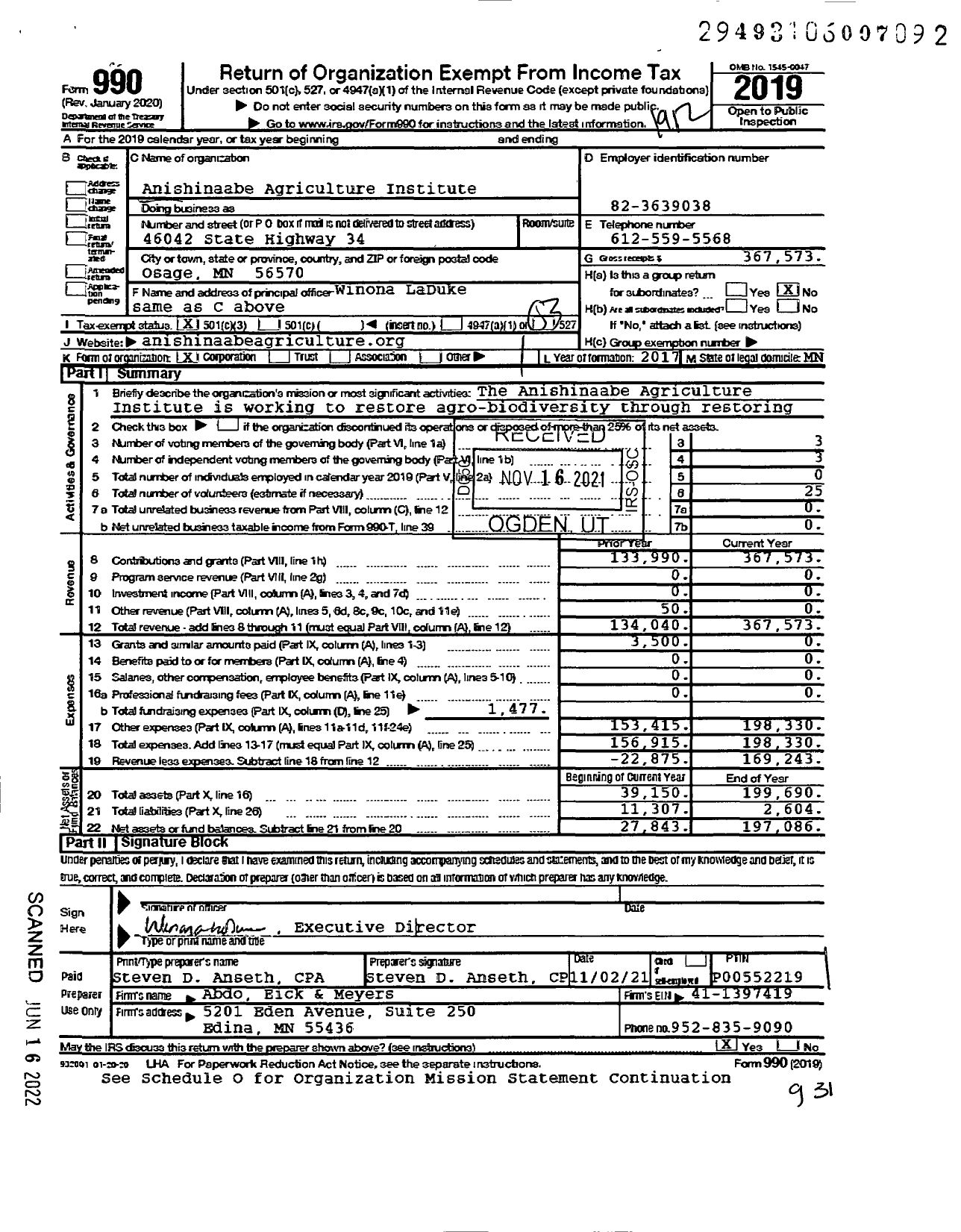 Image of first page of 2019 Form 990 for Anishinaabe Agriculture Institute