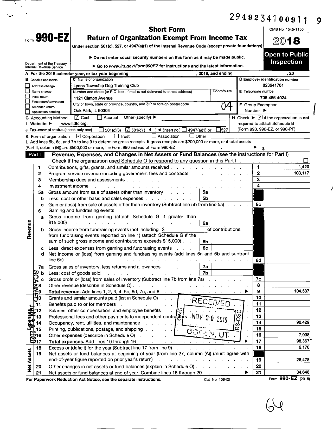 Image of first page of 2018 Form 990EO for Lyons Township Dog Training Club