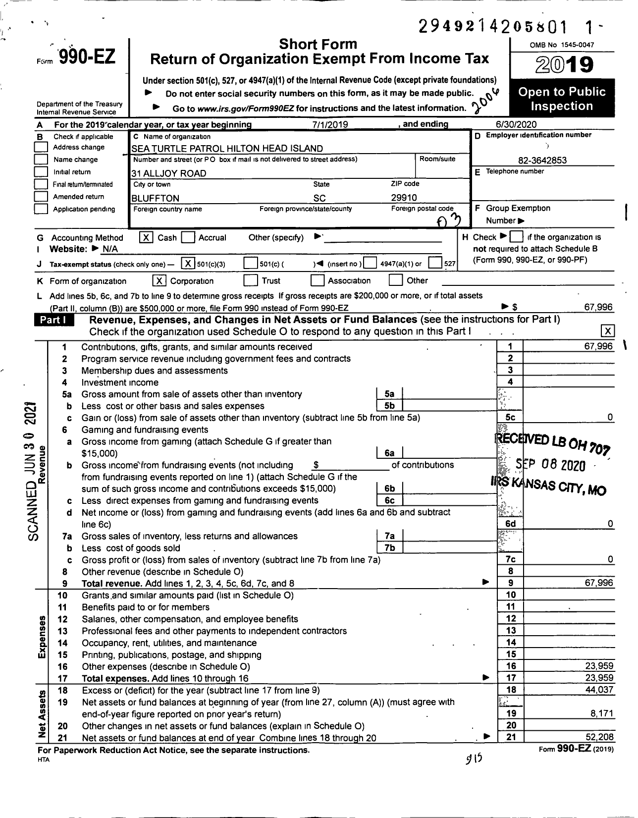 Image of first page of 2019 Form 990EZ for Sea Turtle Patrol Hilton Head Island