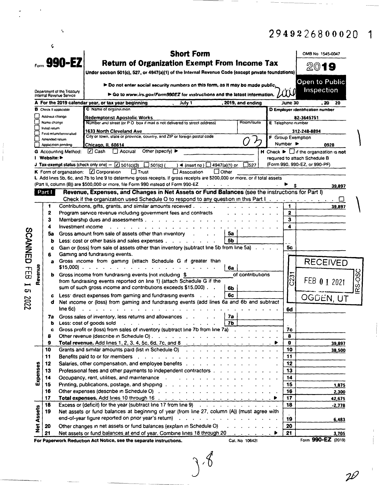 Image of first page of 2019 Form 990EZ for Redemptorist Apostolic Works