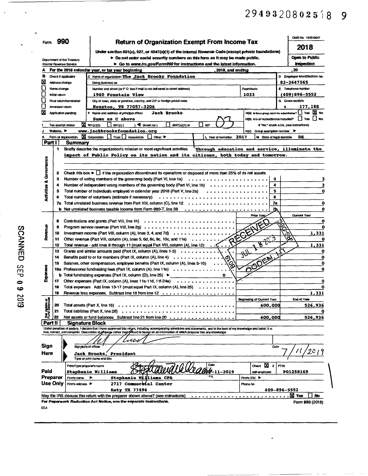 Image of first page of 2018 Form 990 for The Jack Brooks Foundation