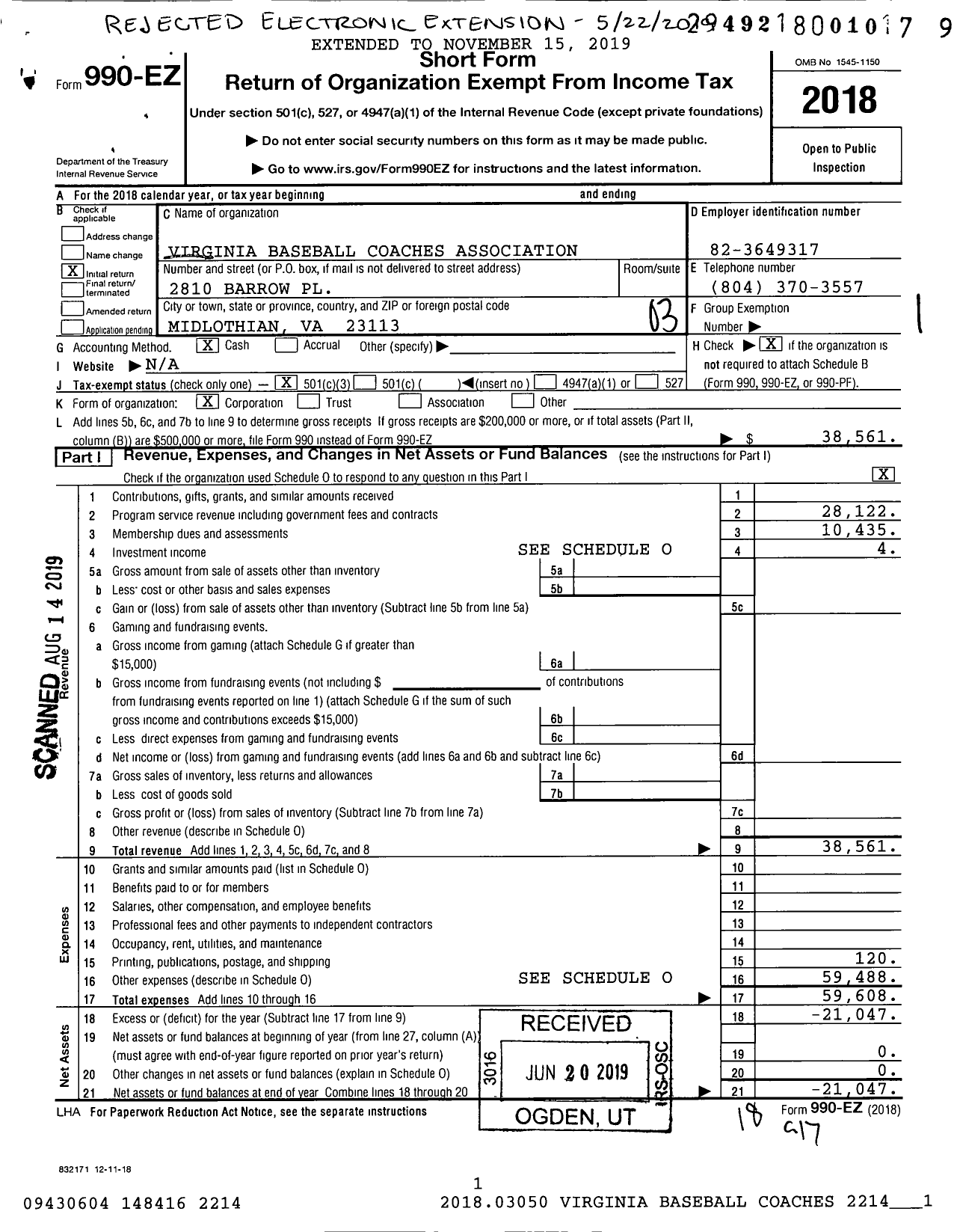 Image of first page of 2018 Form 990EZ for Virginia Baseball Coaches Association