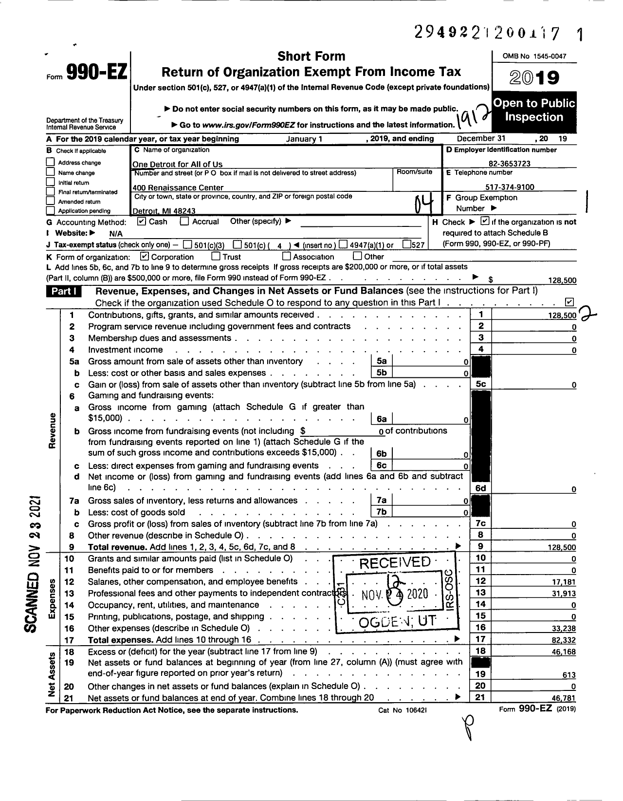 Image of first page of 2019 Form 990EO for One Detroit for All of Us