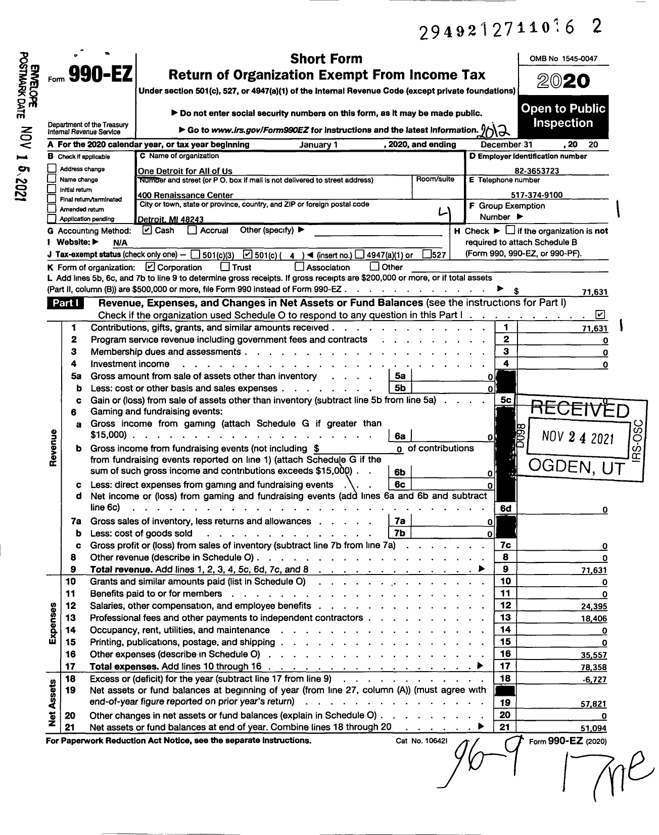 Image of first page of 2020 Form 990EO for One Detroit for All of Us