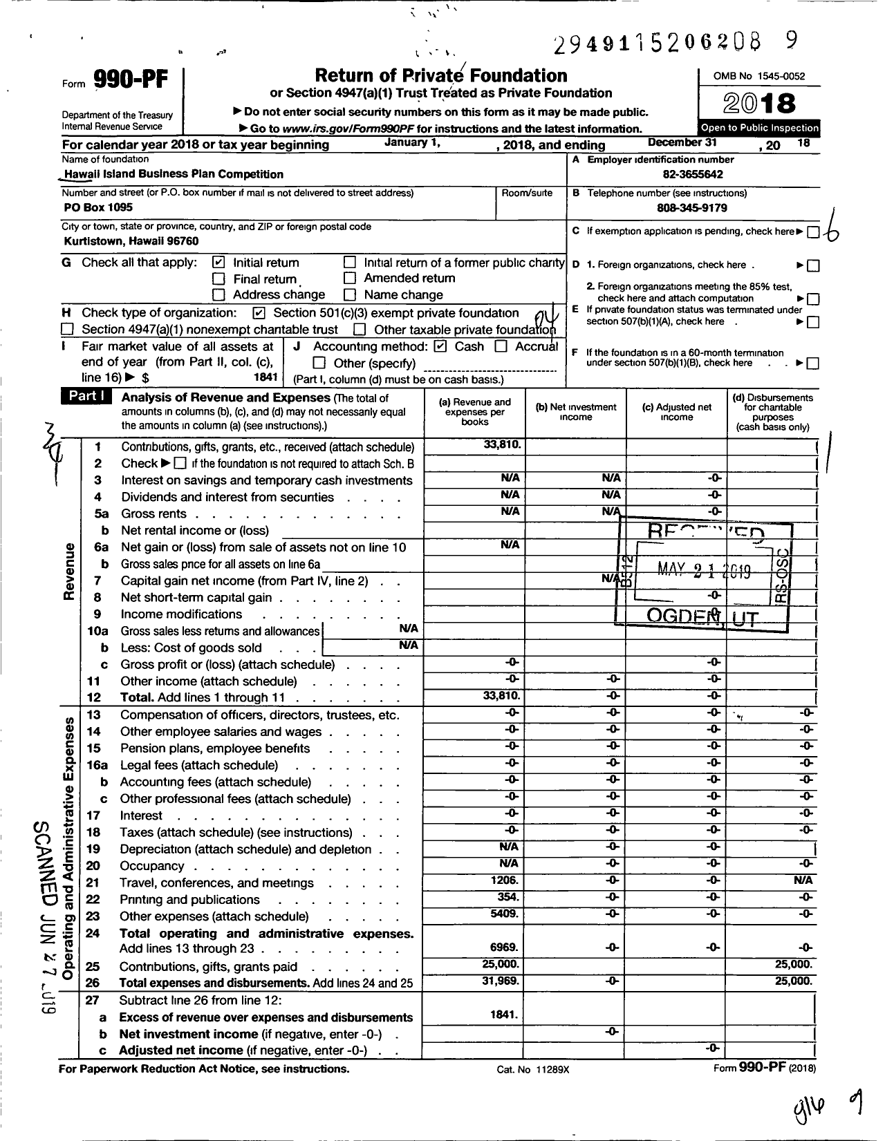 Image of first page of 2018 Form 990PF for Hawaii Island Business Plan Competition