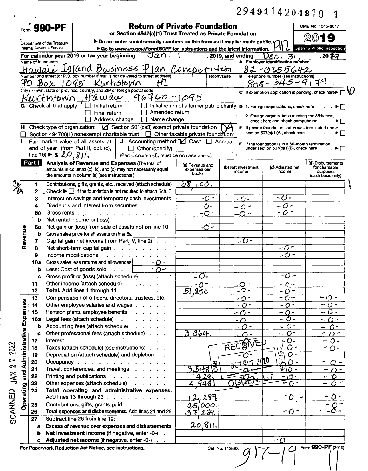 Image of first page of 2019 Form 990PF for Hawaii Island Business Plan Competition