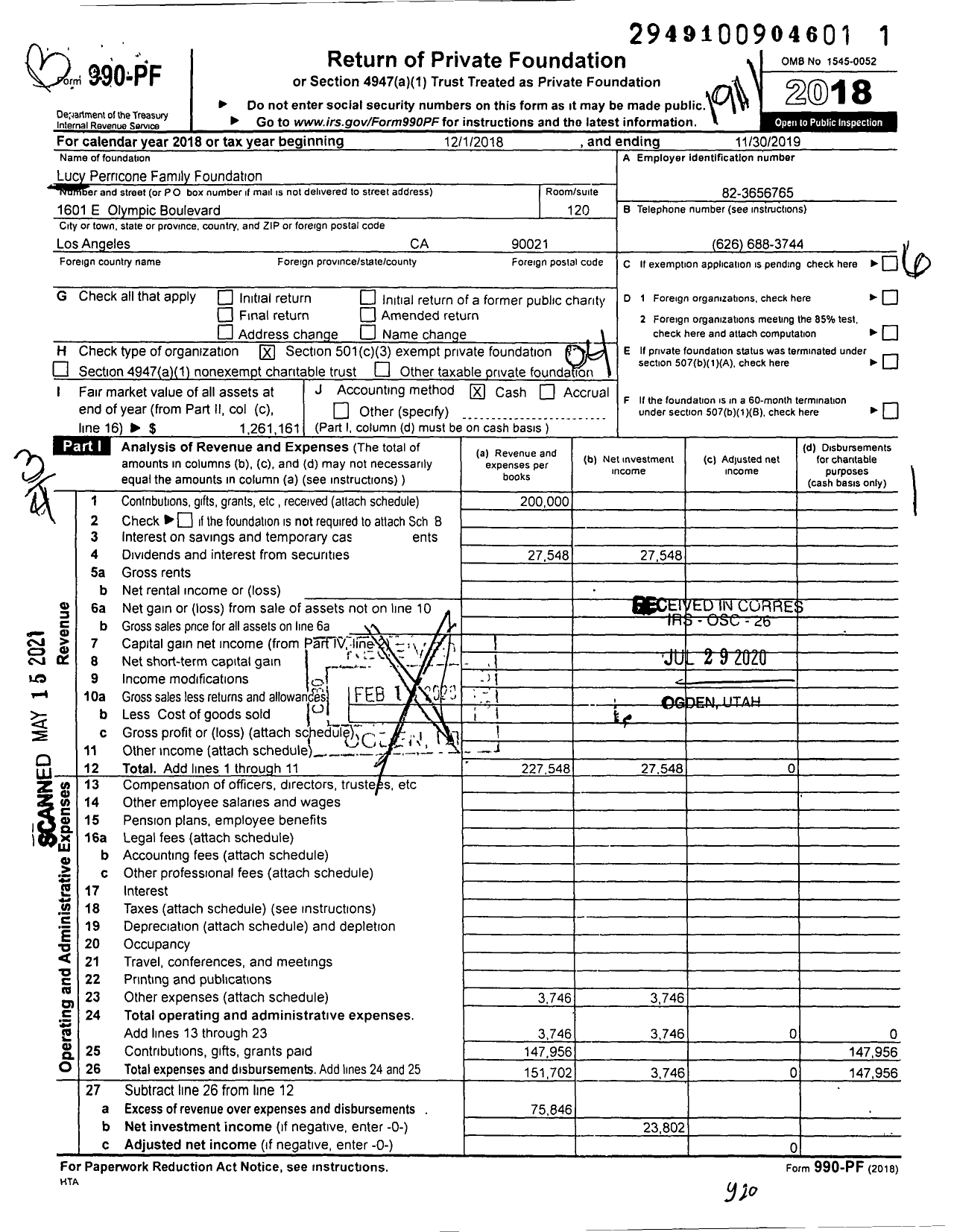 Image of first page of 2018 Form 990PF for Lucy Perricone Family Foundation