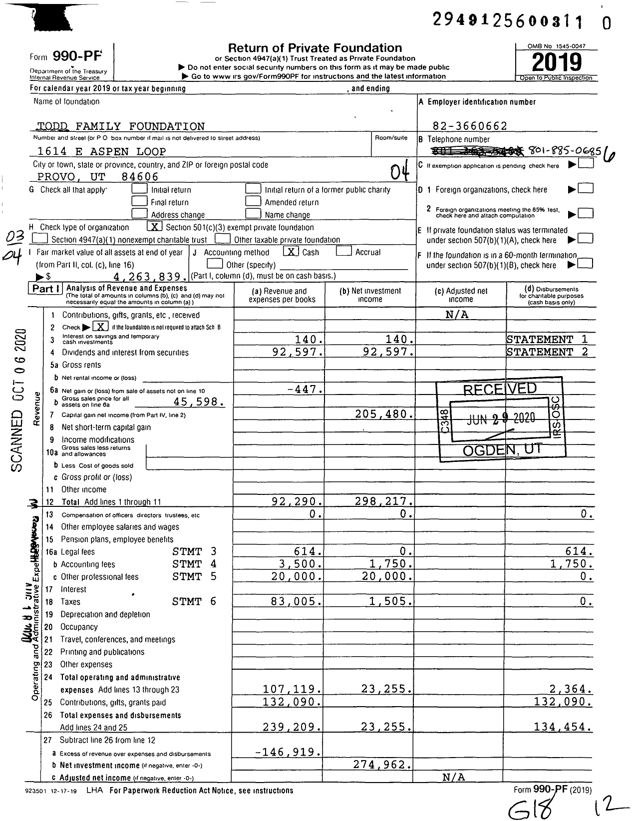 Image of first page of 2019 Form 990PR for Todd Family Foundation