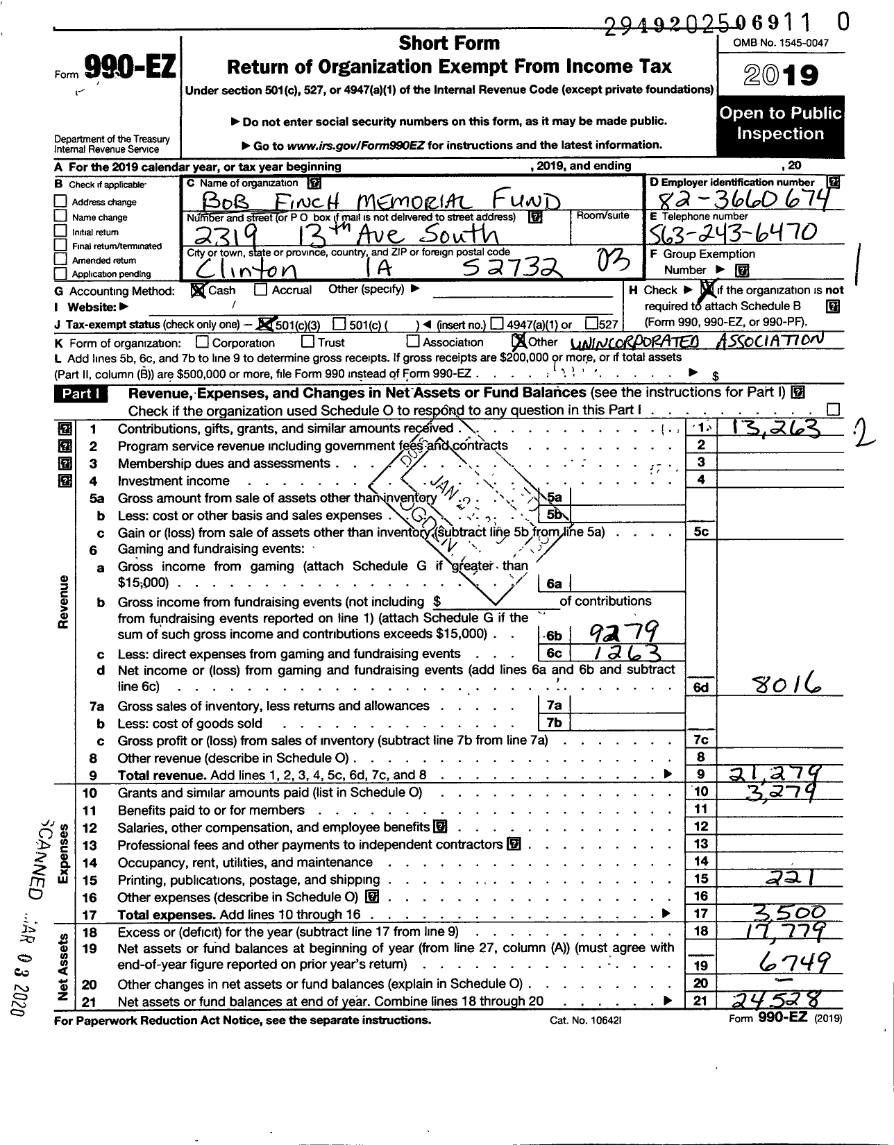 Image of first page of 2019 Form 990EZ for Bob Finch Memorial Fund