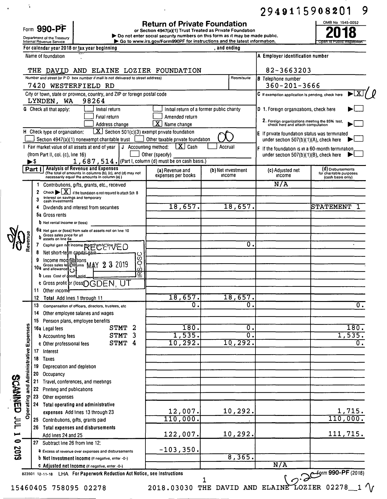 Image of first page of 2018 Form 990PF for The David and Elaine Lozier Foundation