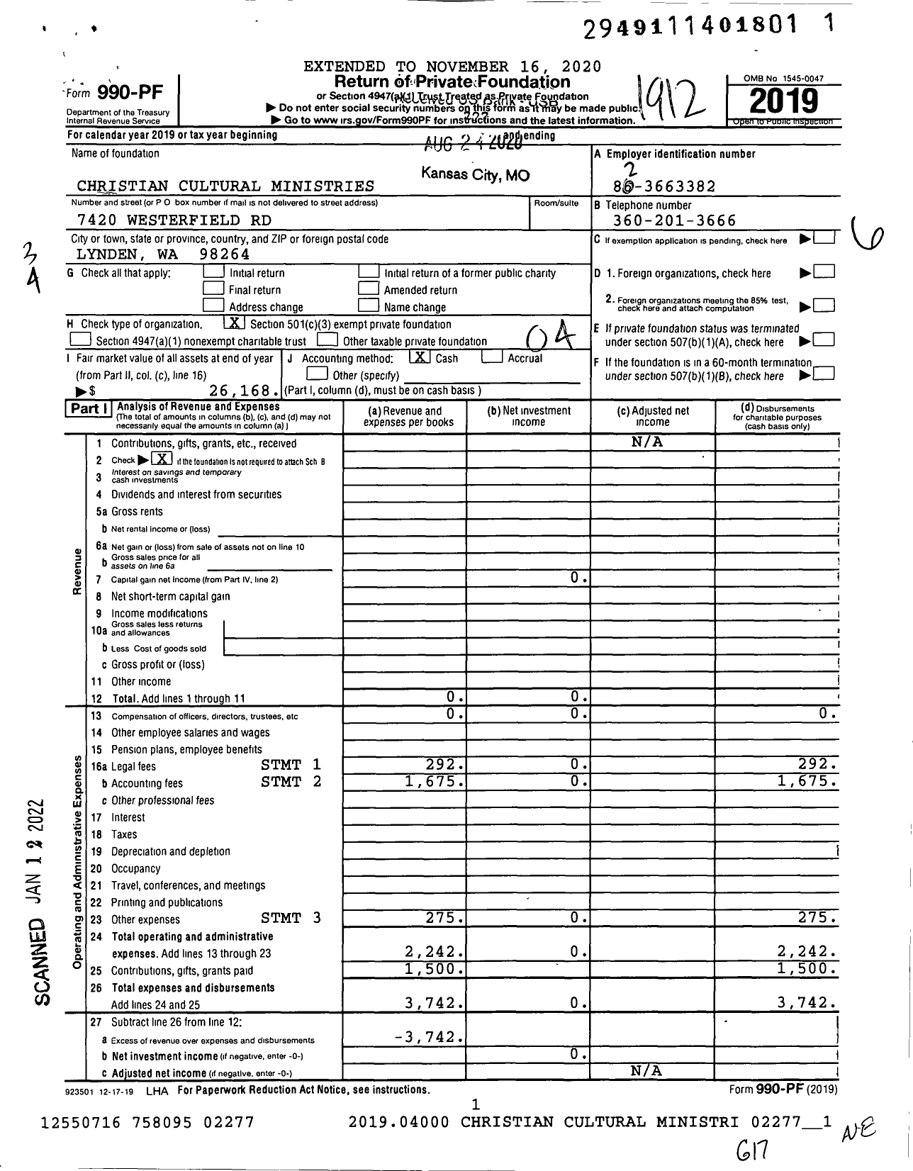 Image of first page of 2019 Form 990PF for Christian Cultural Ministries