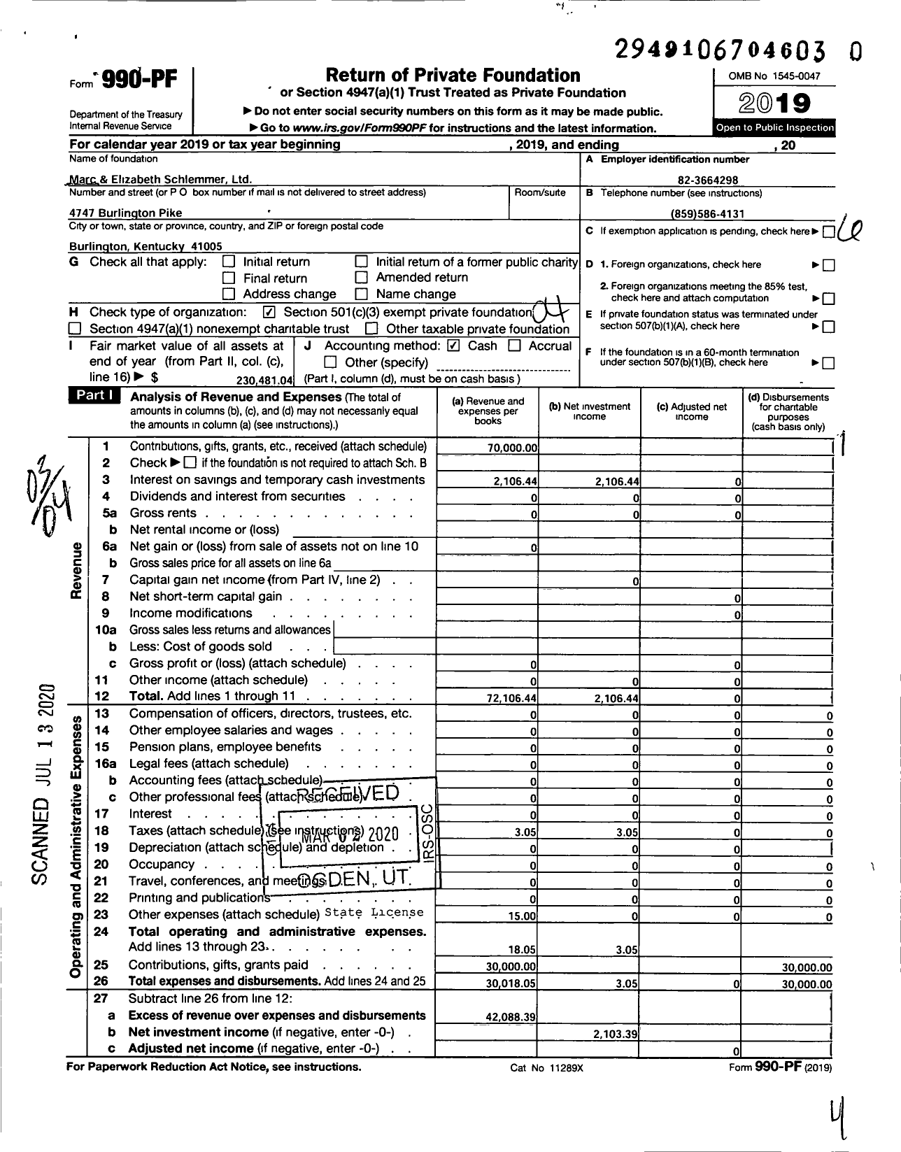 Image of first page of 2019 Form 990PR for Marc and Elizabeth Schlemmer