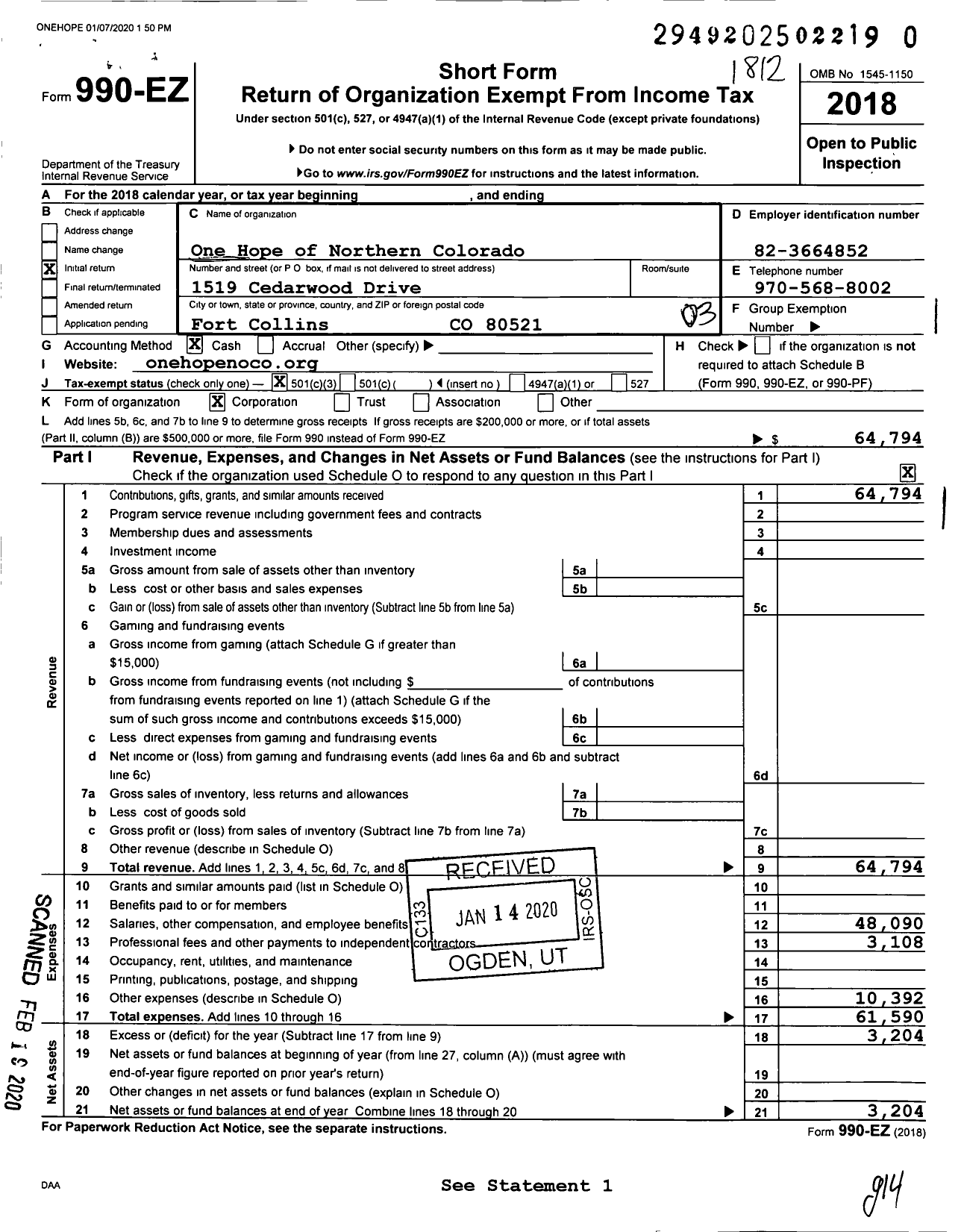 Image of first page of 2018 Form 990EZ for One Hope of Northern Colorado