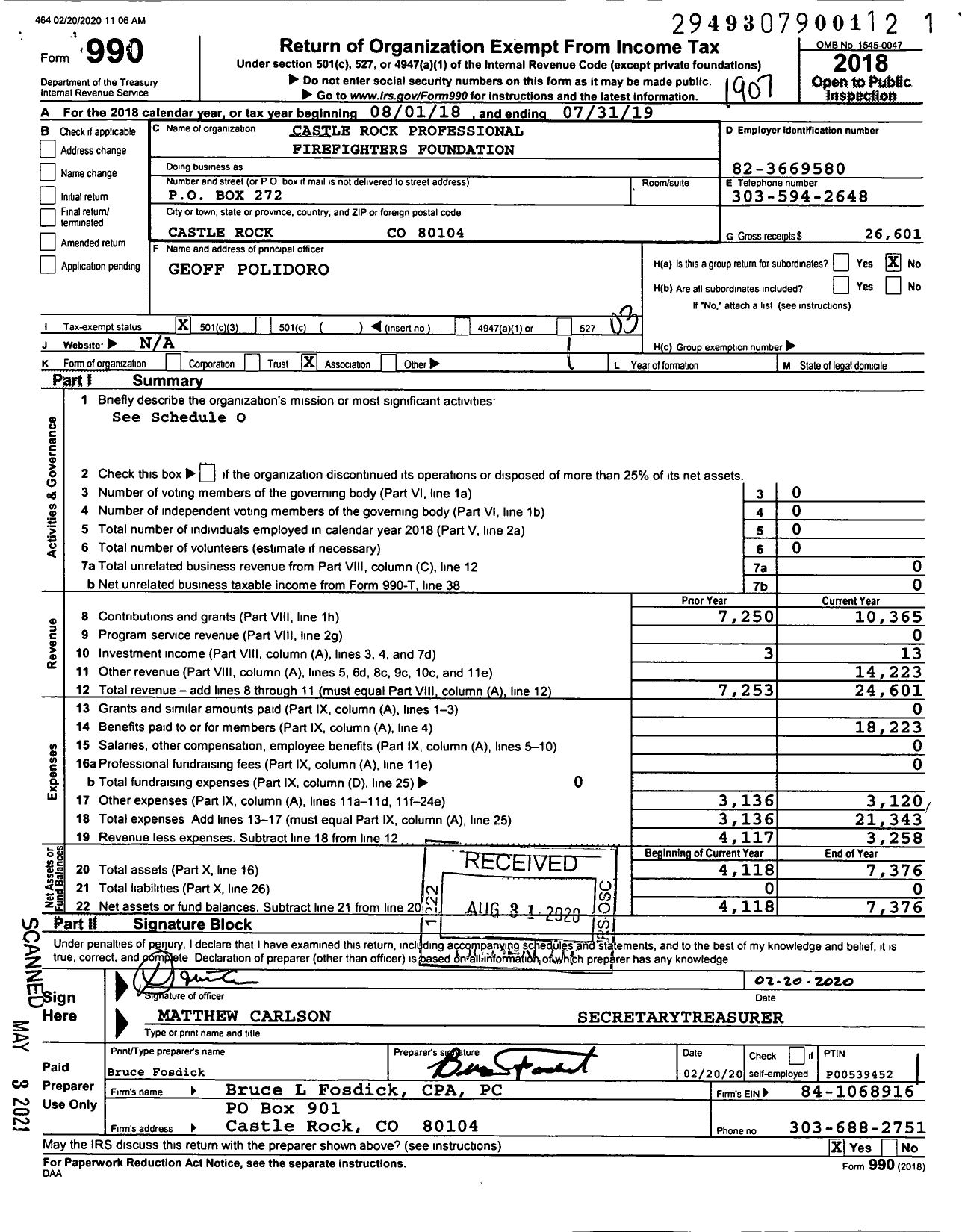 Image of first page of 2018 Form 990 for Castle Rock Professional Firefighters Foundation