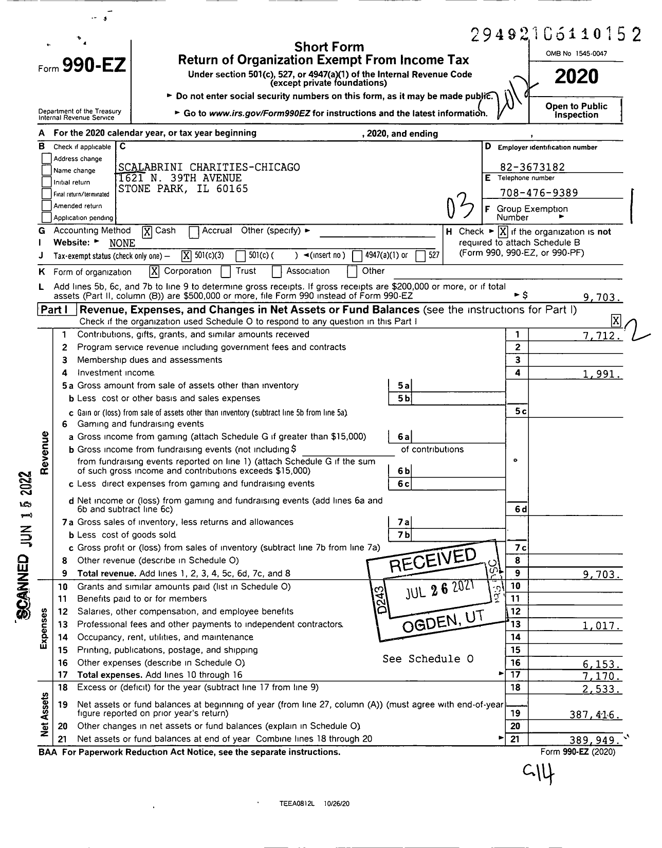 Image of first page of 2020 Form 990EZ for FR Augusto Feccia Charitable Foundation