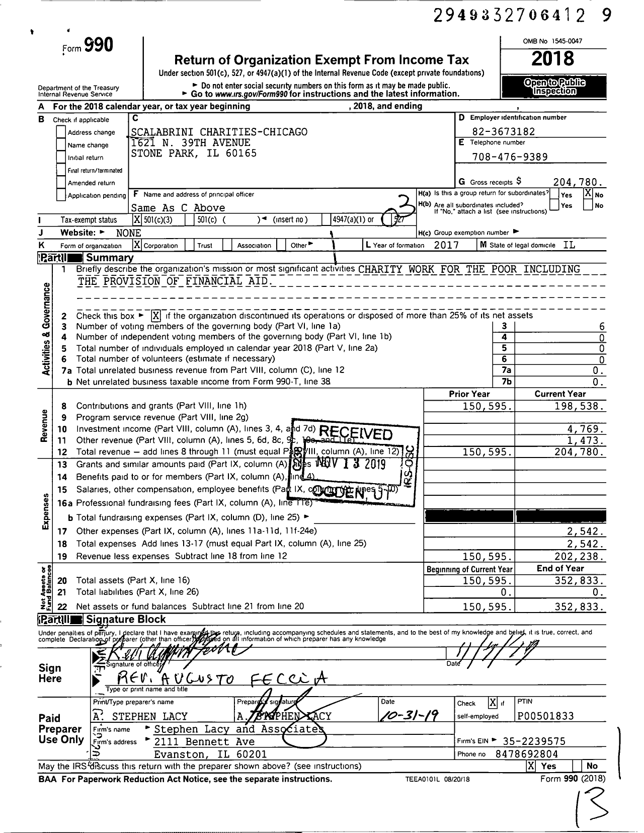 Image of first page of 2018 Form 990 for FR Augusto Feccia Charitable Foundation