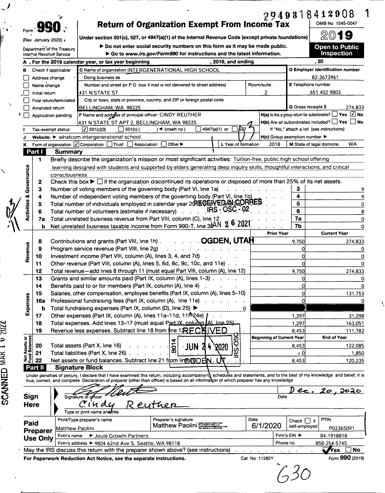 Image of first page of 2019 Form 990 for Intergenerational High School