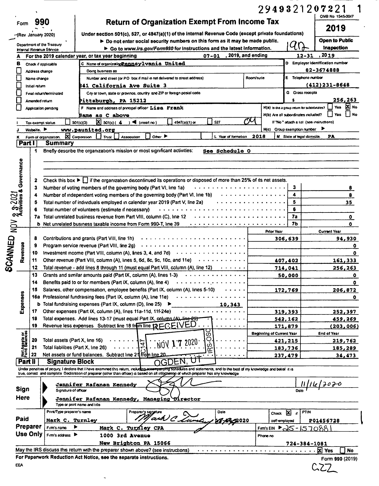 Image of first page of 2019 Form 990O for Pennsylvania United