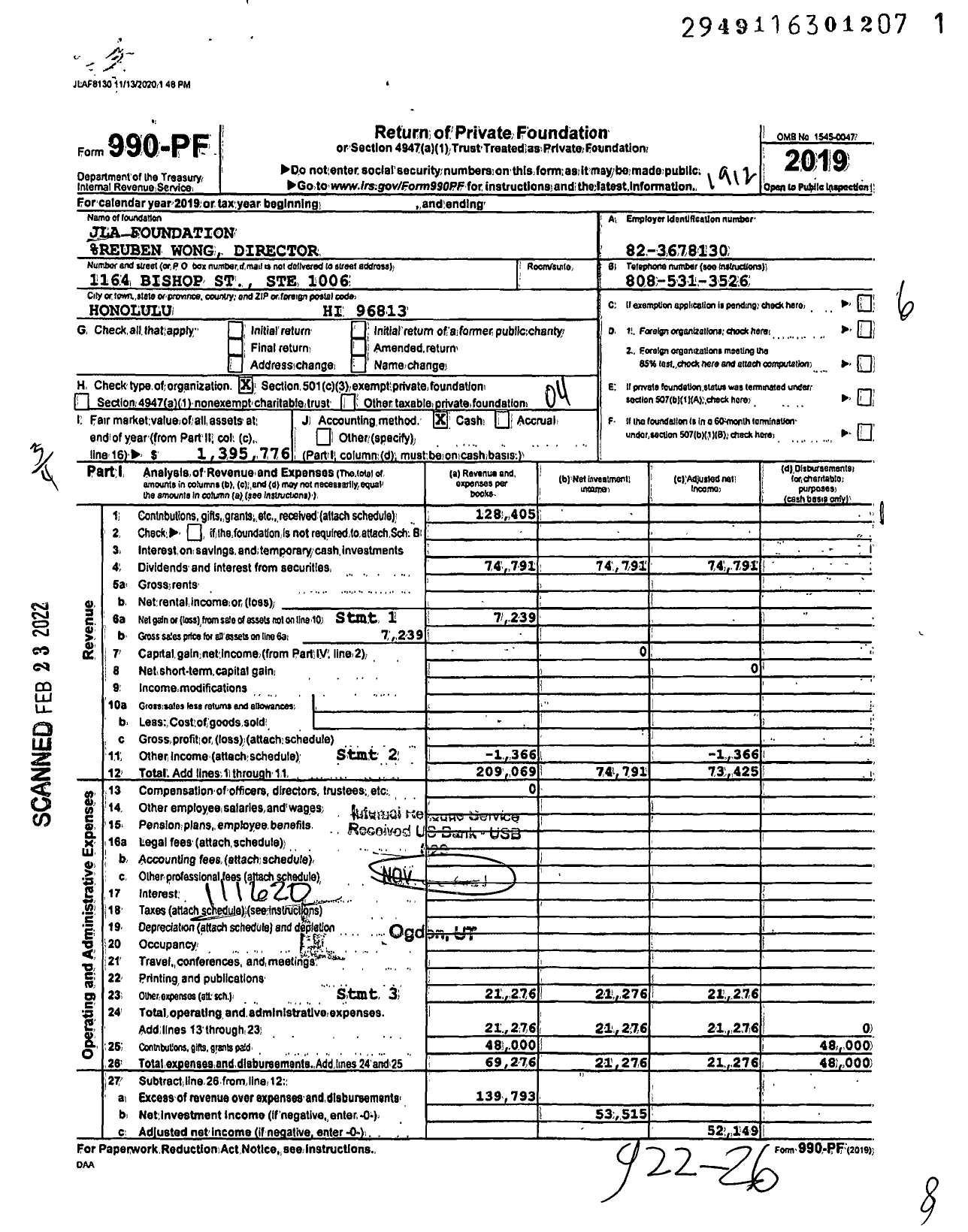 Image of first page of 2019 Form 990PF for Jla Foundation %reuben Wong Director