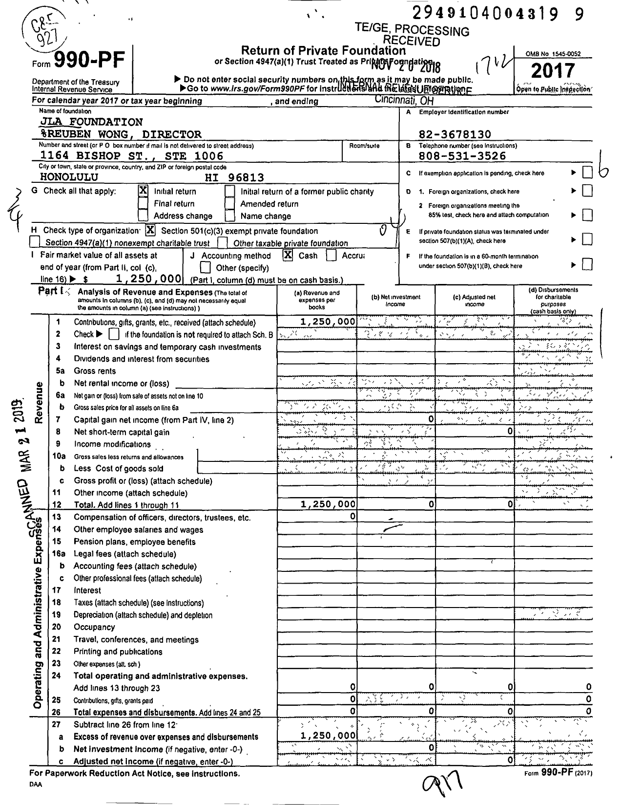 Image of first page of 2017 Form 990PF for Jla Foundation %reuben Wong Director