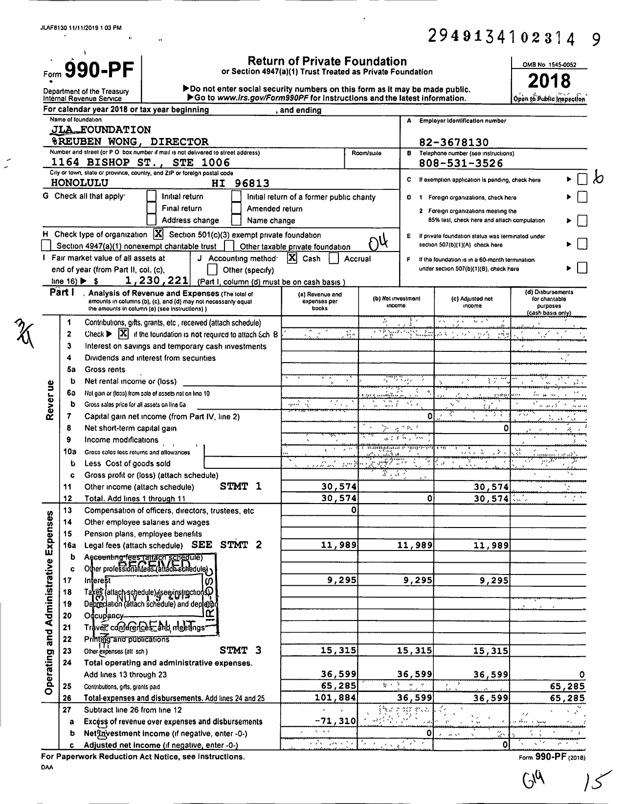 Image of first page of 2018 Form 990PF for Jla Foundation %reuben Wong Director