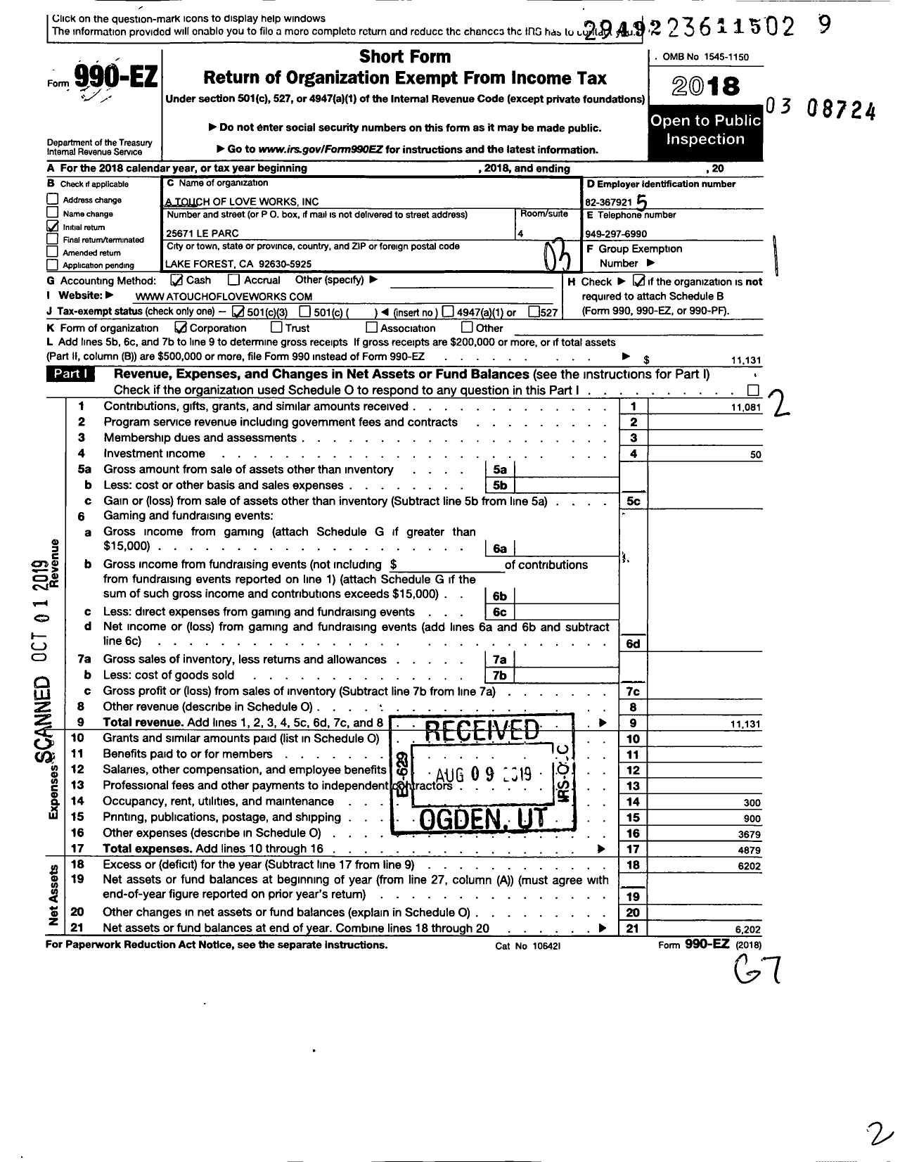 Image of first page of 2018 Form 990EZ for A Touch of Love Works