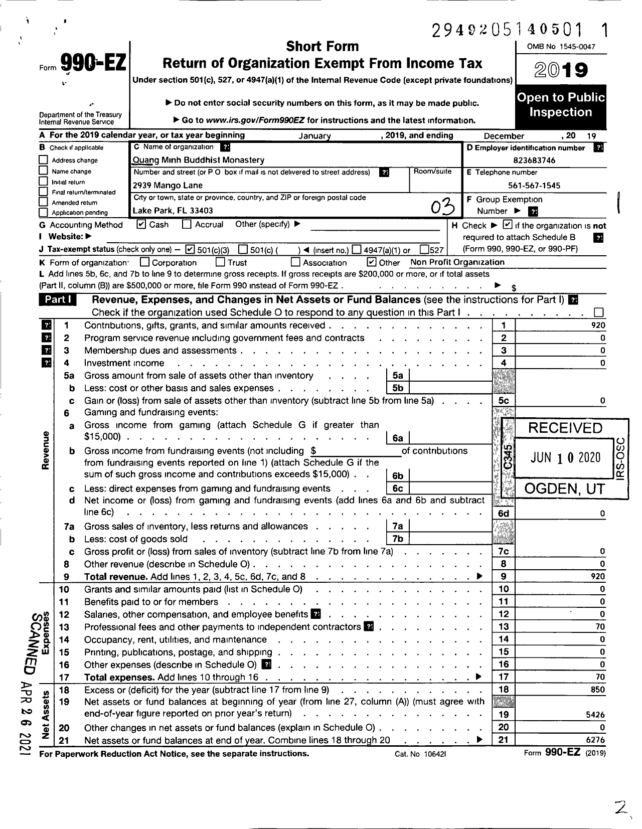 Image of first page of 2019 Form 990EZ for Quang Minh Buddhist Monastery