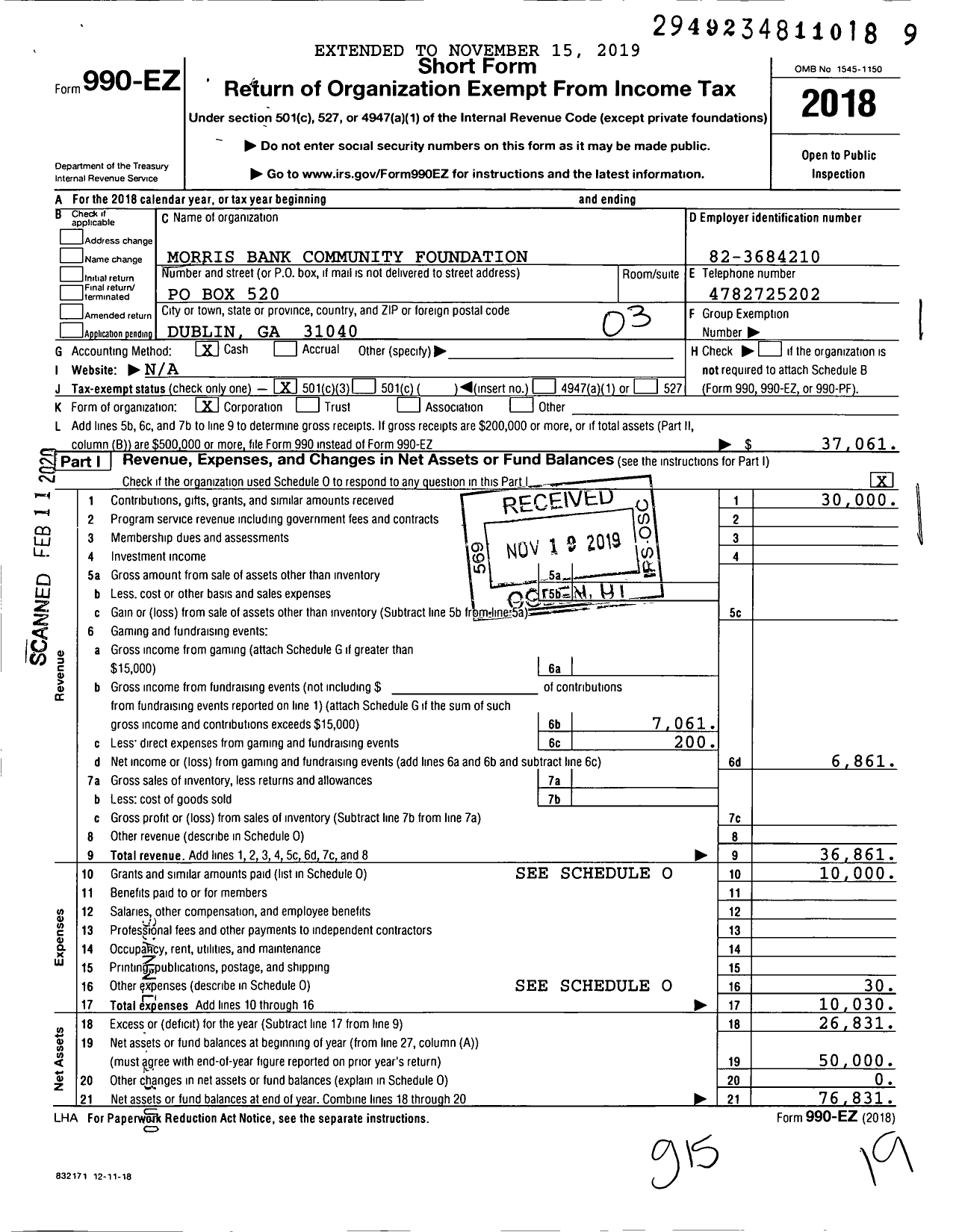 Image of first page of 2018 Form 990EZ for Morris Bank Community Foundation