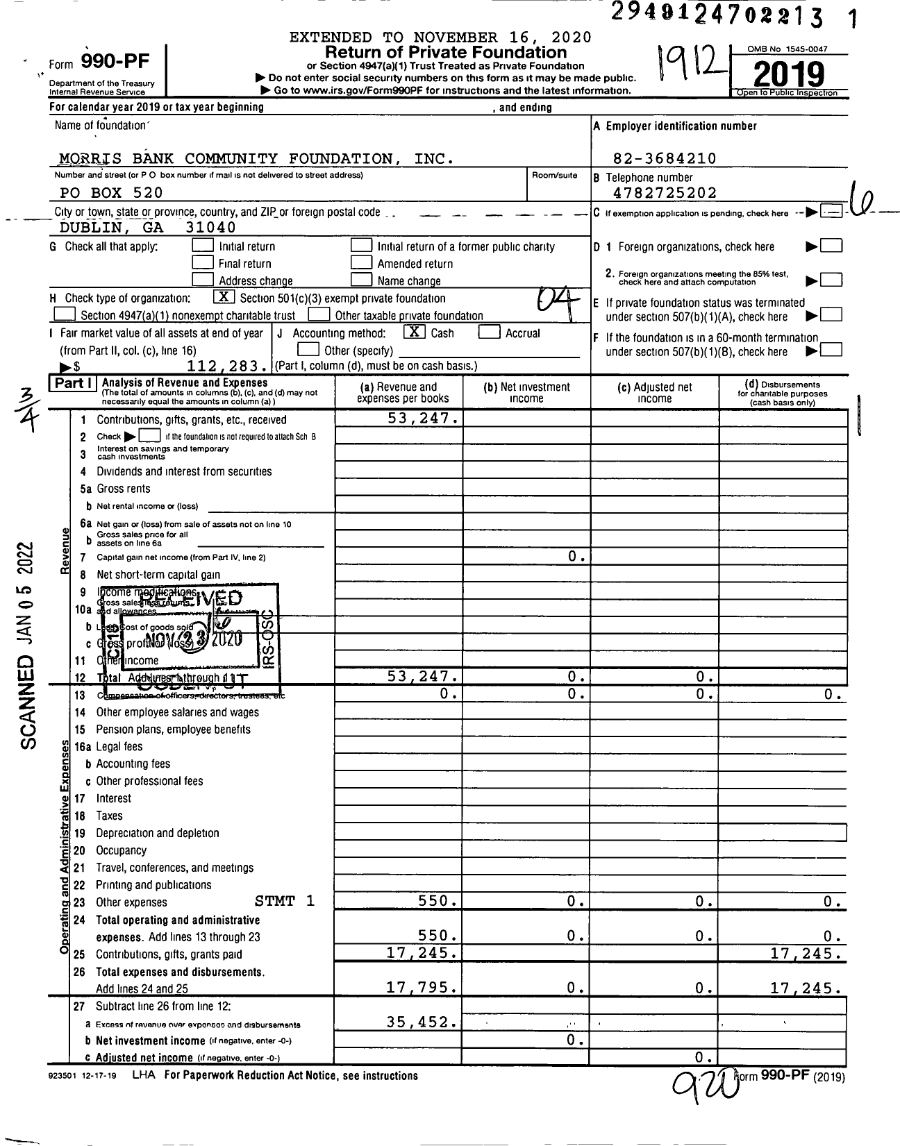 Image of first page of 2019 Form 990PF for Morris Bank Community Foundation