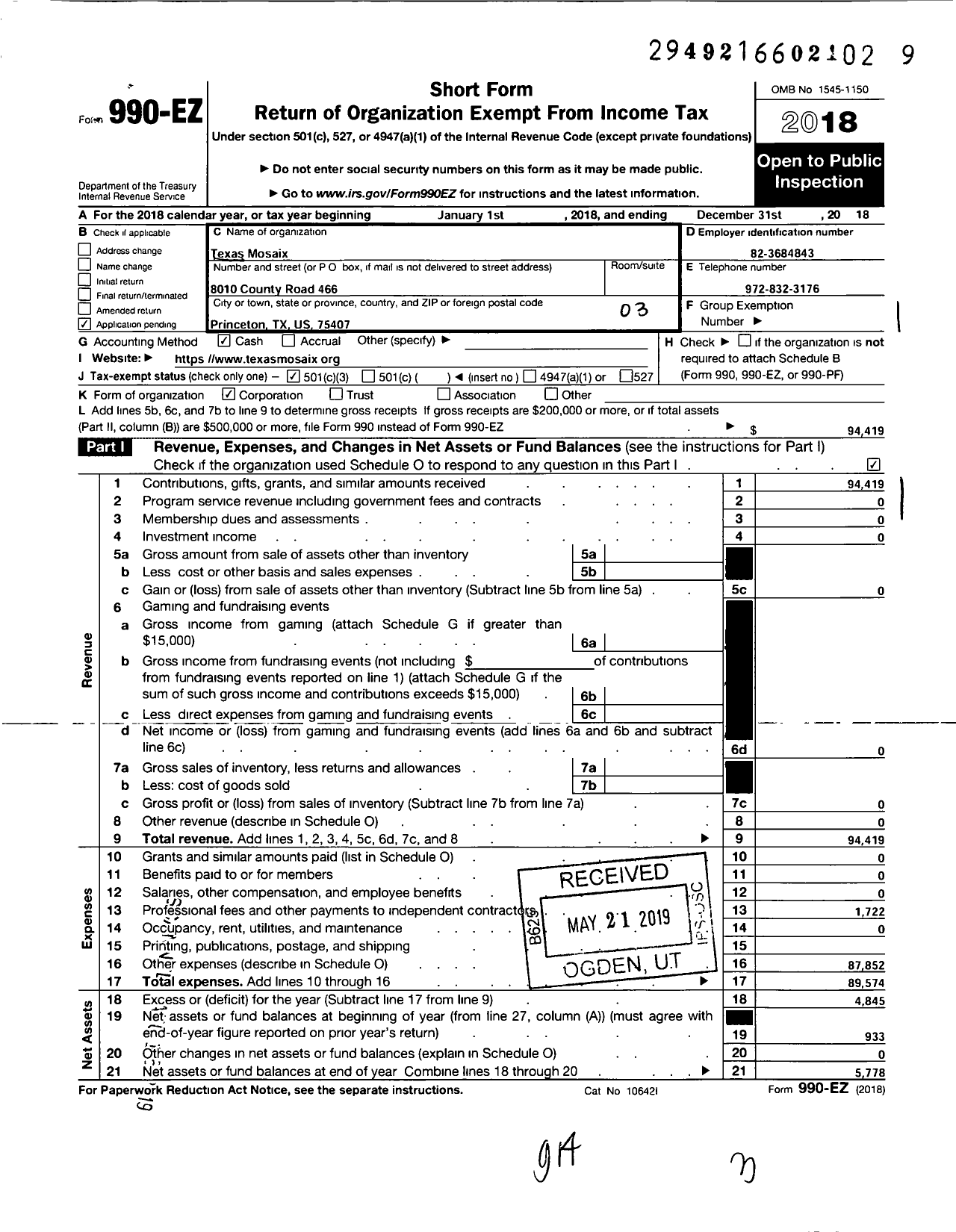 Image of first page of 2018 Form 990EZ for Texas Mosaix