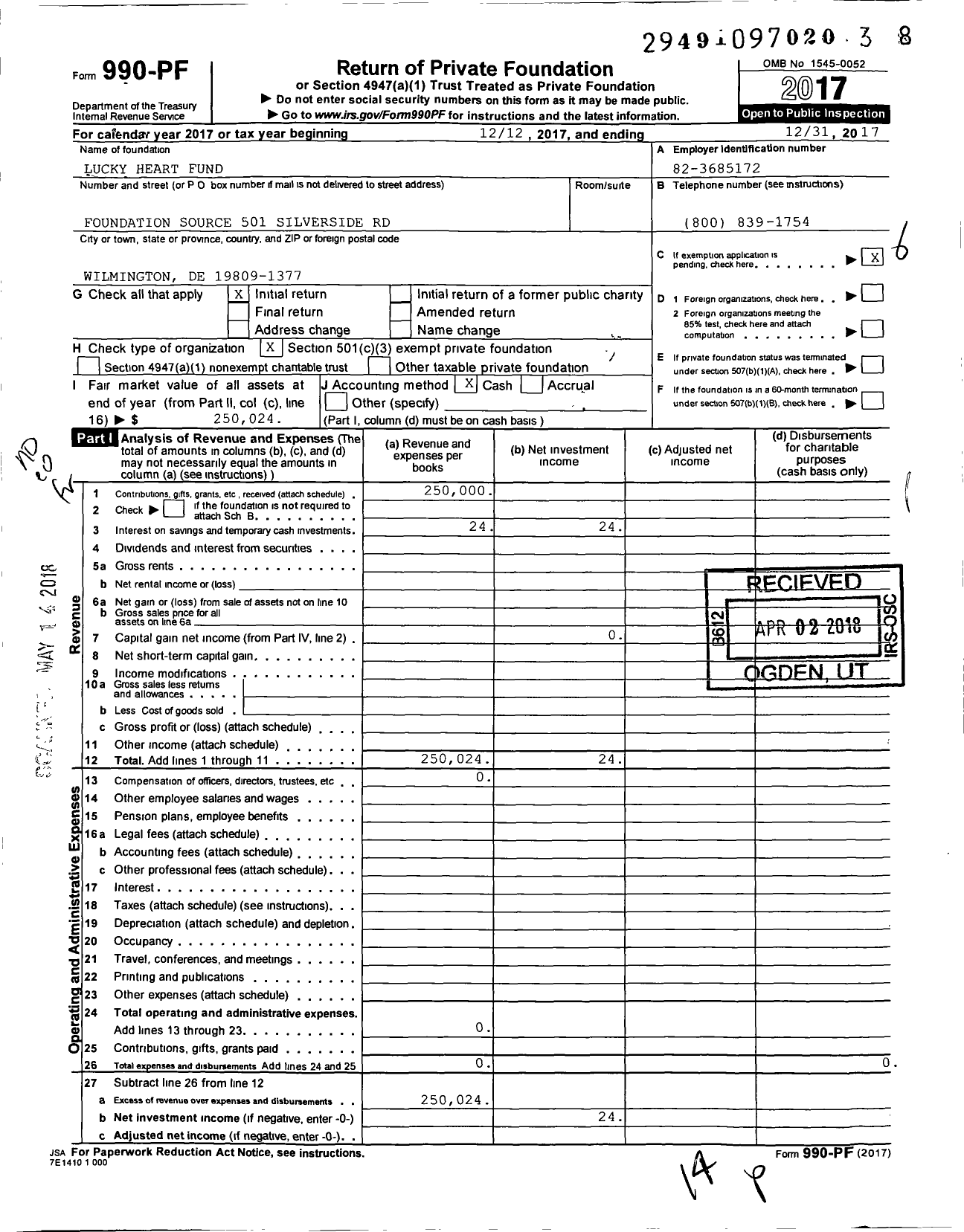 Image of first page of 2017 Form 990PF for Lucky Heart Fund