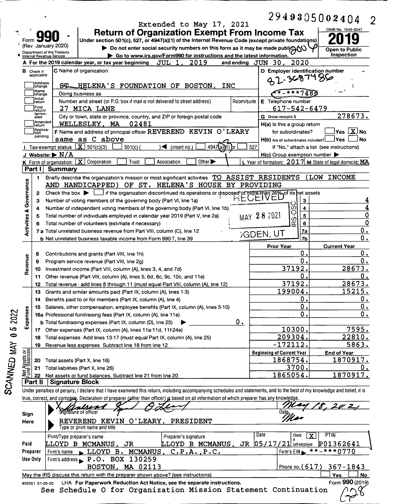 Image of first page of 2019 Form 990 for St Helenas Foundation of Boston