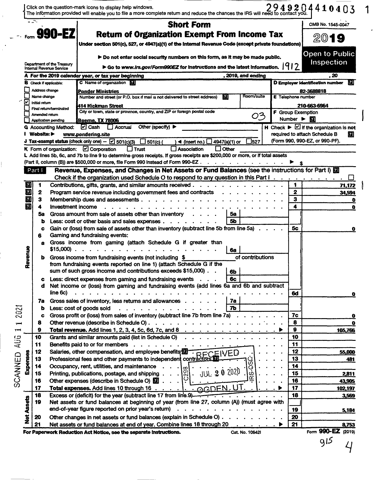 Image of first page of 2019 Form 990EZ for Ponder Ministries