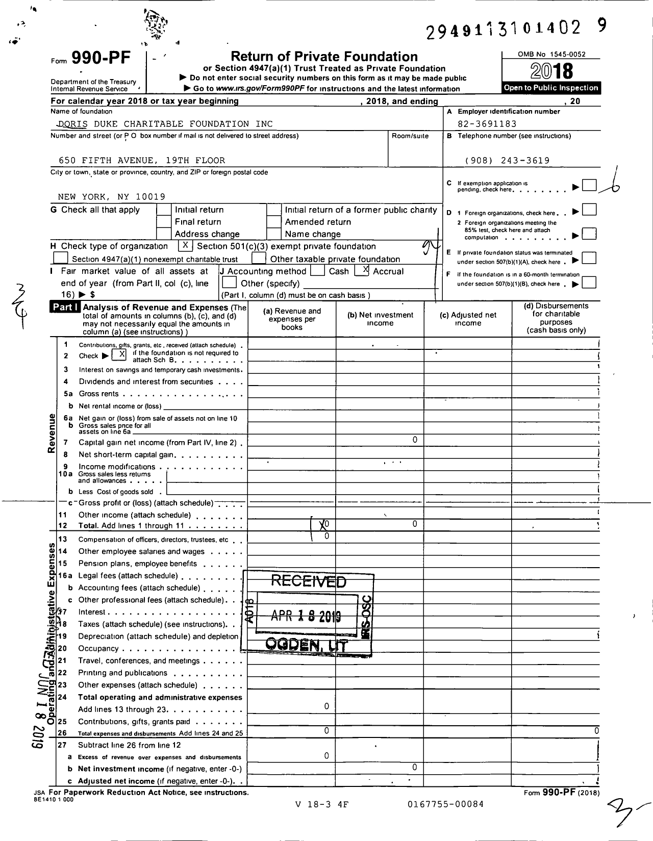 Image of first page of 2018 Form 990PF for Doris Duke Charitable Foundation