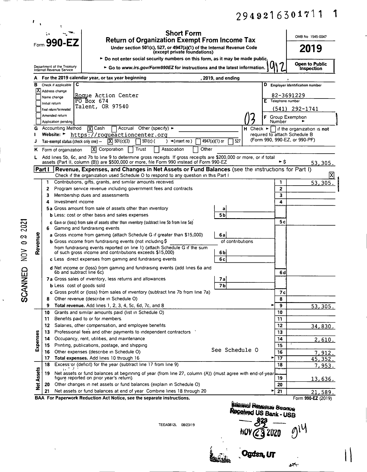 Image of first page of 2019 Form 990EZ for Rogue Action Center