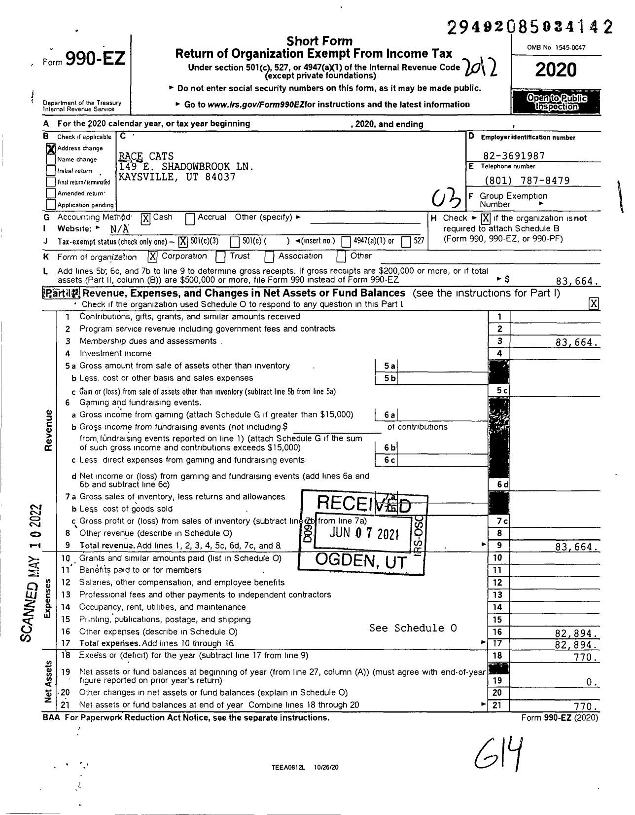 Image of first page of 2020 Form 990EZ for Race Cats