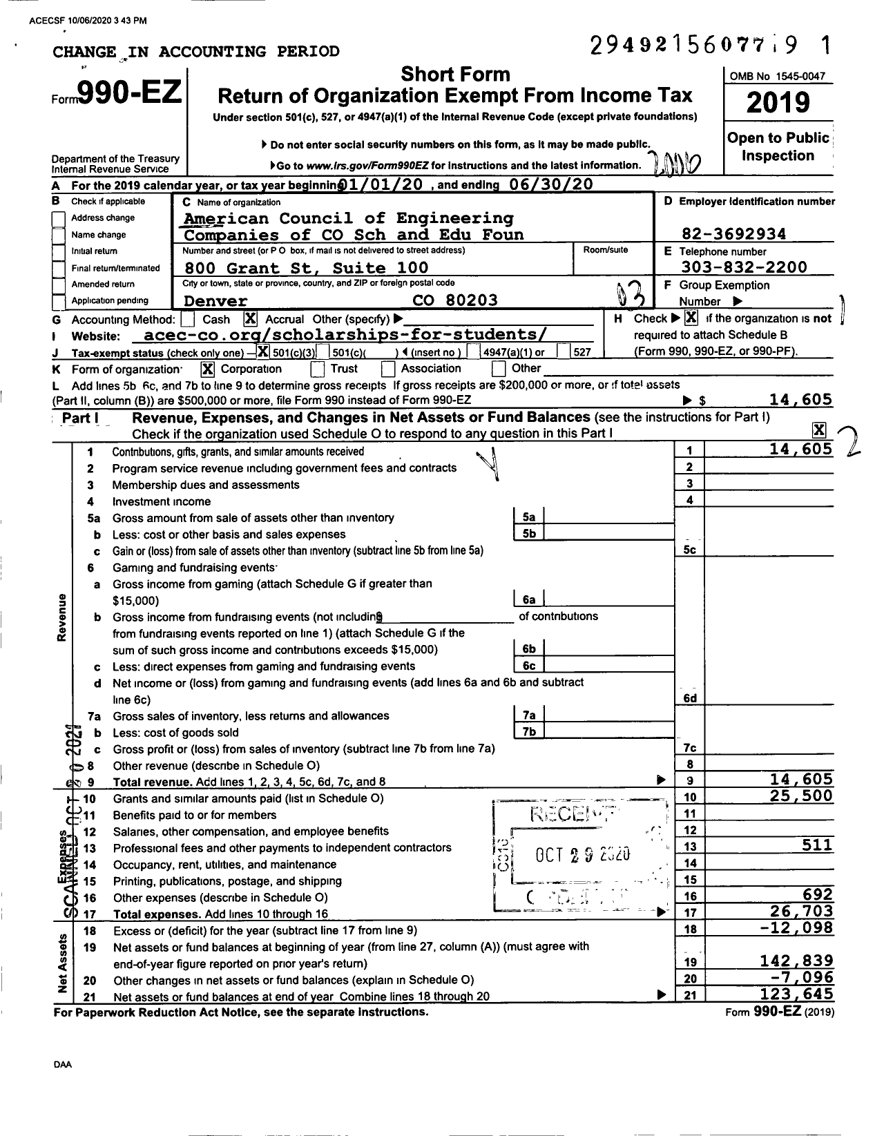 Image of first page of 2019 Form 990EZ for American Council of Engineering Companies of Colo SCH and Edu Foun